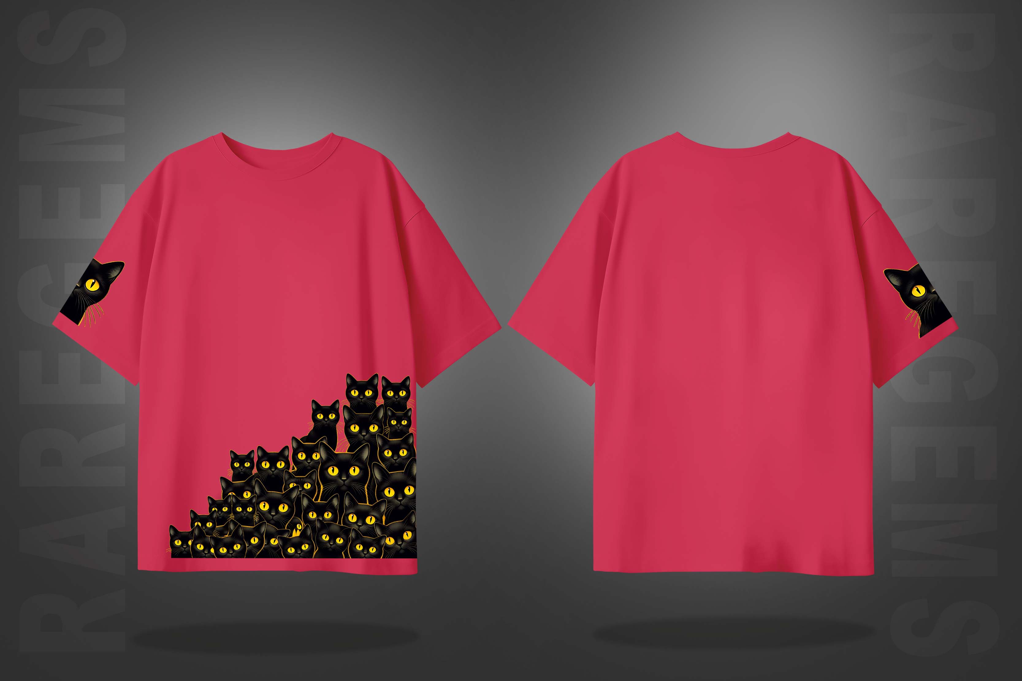 Imperial Red Half Sleeves Black Cats Printed Oversized T-Shirt