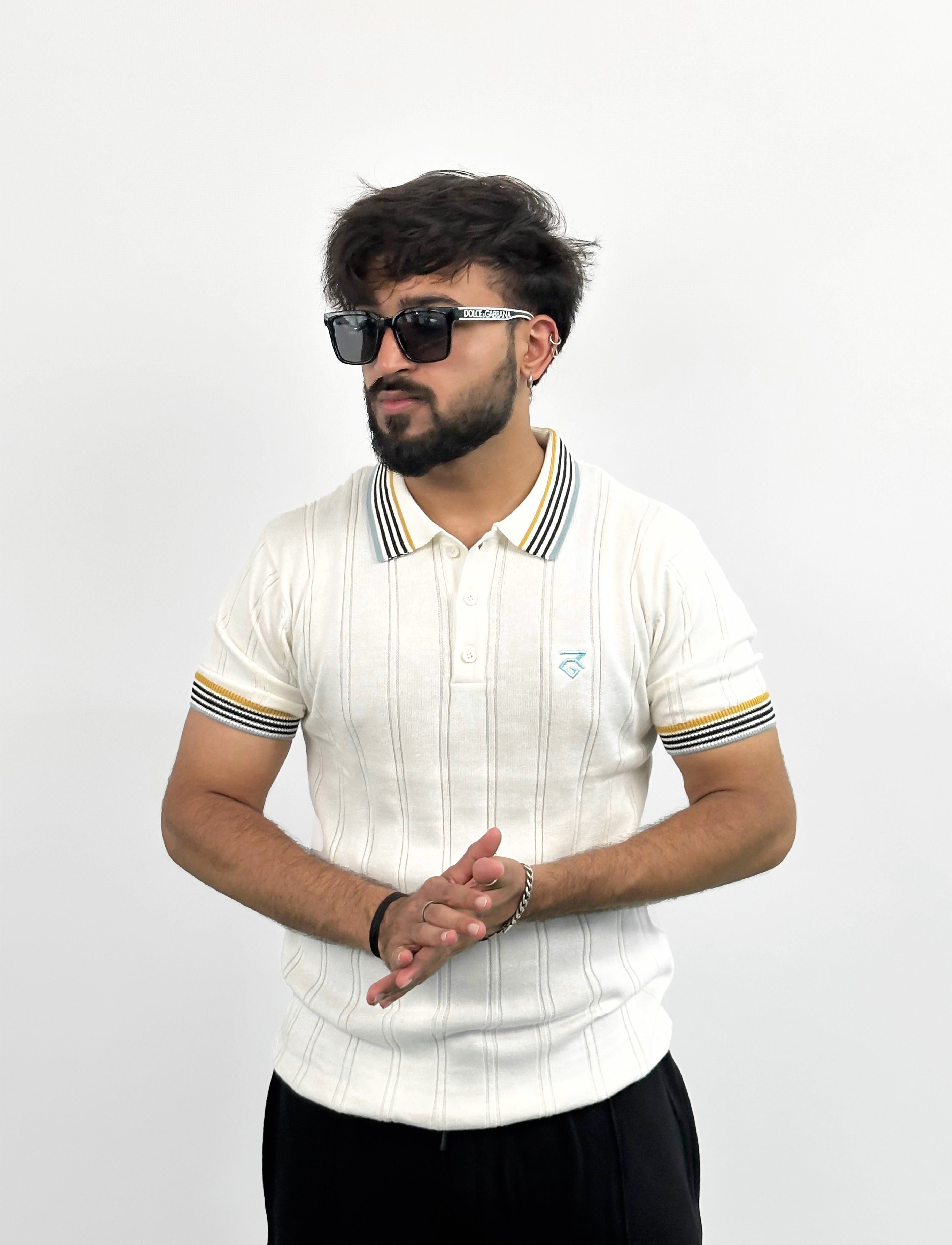 Off White Royal Stripe Old Money Embroidered Logo Polo T-Shirt