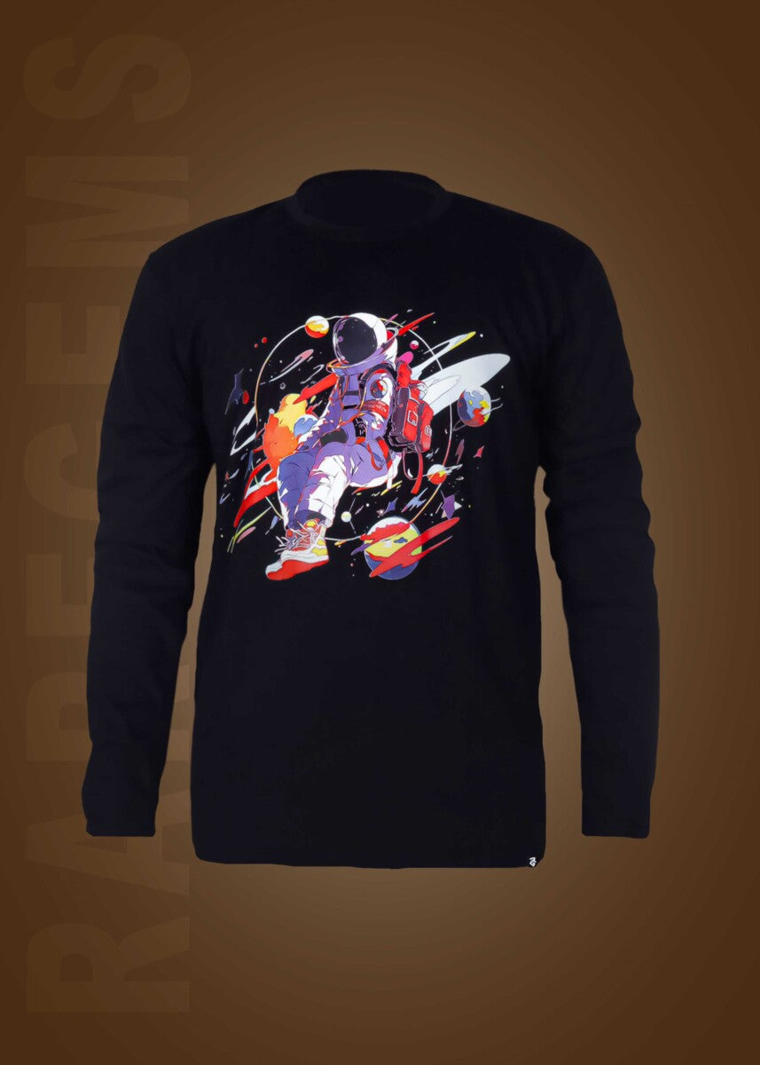Black Round Neck Full Sleeves Astronaut Printed T-Shirt