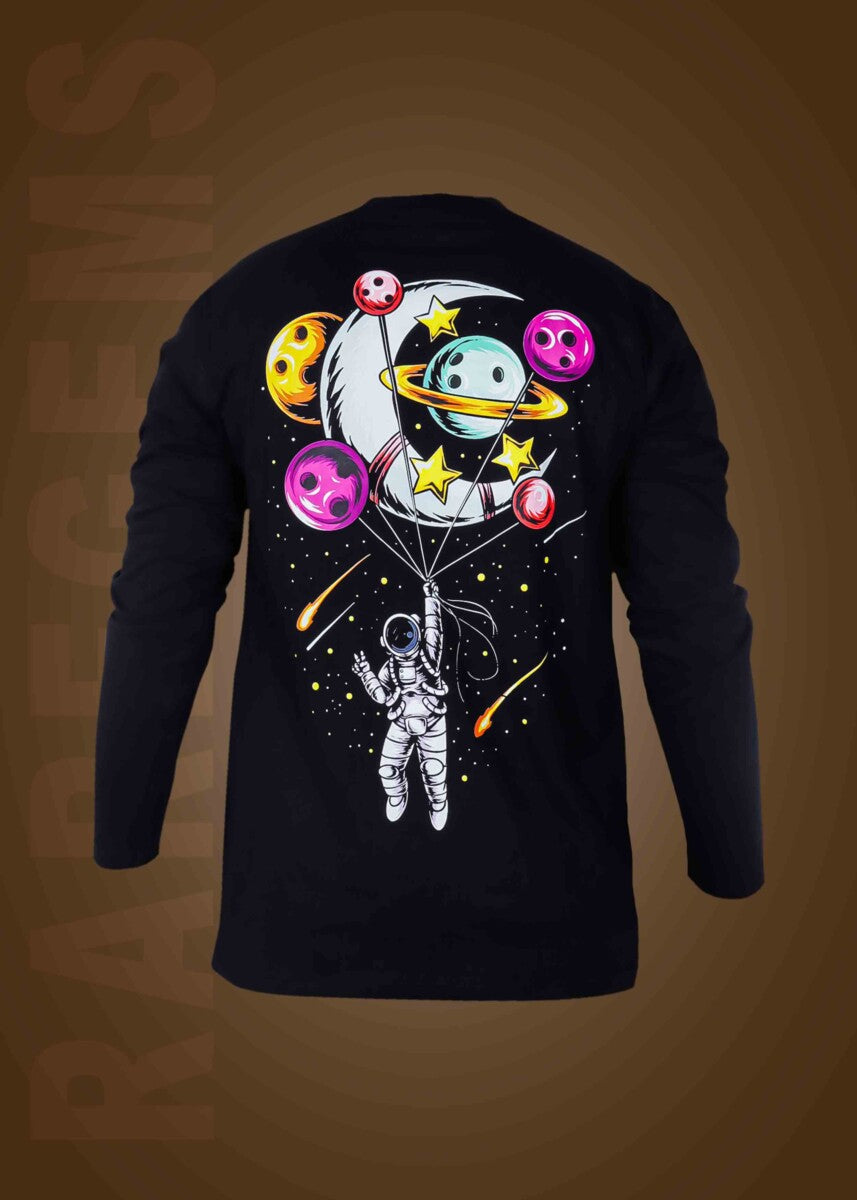 Black Round Neck Full Sleeves Astronaut Hanging On The Moon Printed T-Shirt