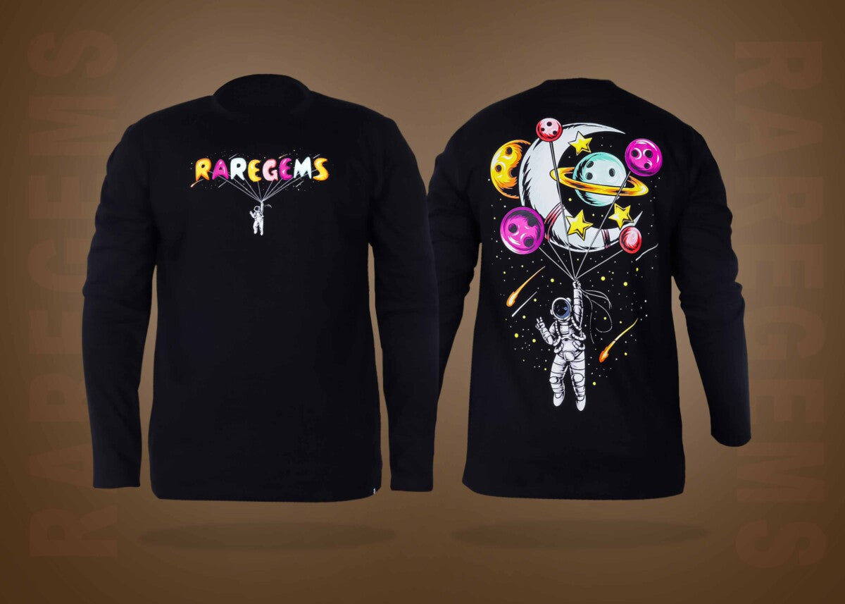 Black Round Neck Full Sleeves Astronaut Hanging On The Moon Printed T-Shirt