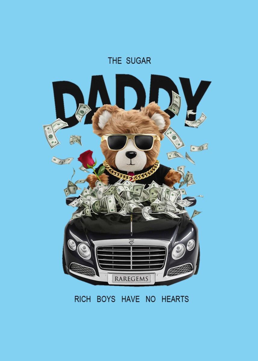 Blue Round Neck Full Sleeves Sugar Daddy Teddy Printed T-Shirt