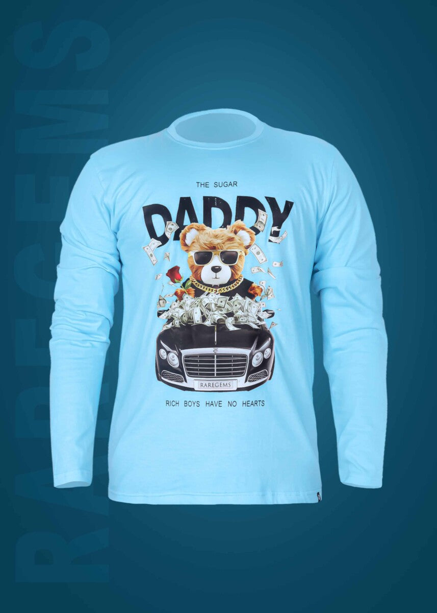 Blue Round Neck Full Sleeves Sugar Daddy Teddy Printed T-Shirt