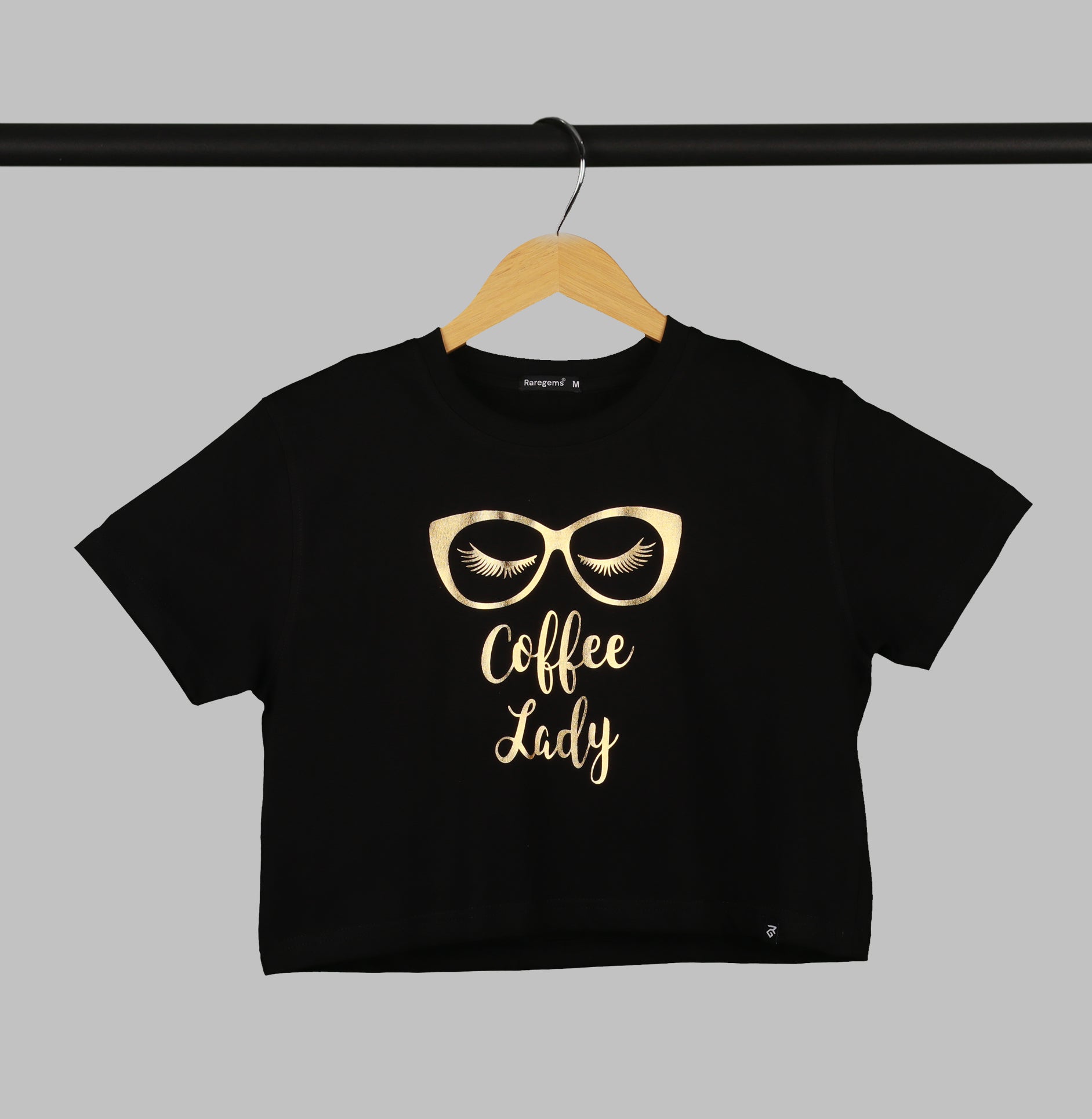 Black Half Sleeve Golden Coffee Lady Printed Women's Regular Crop Top