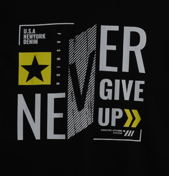 Black Half Sleeves Round Neck Never Give Up Printed Regular T-Shirt