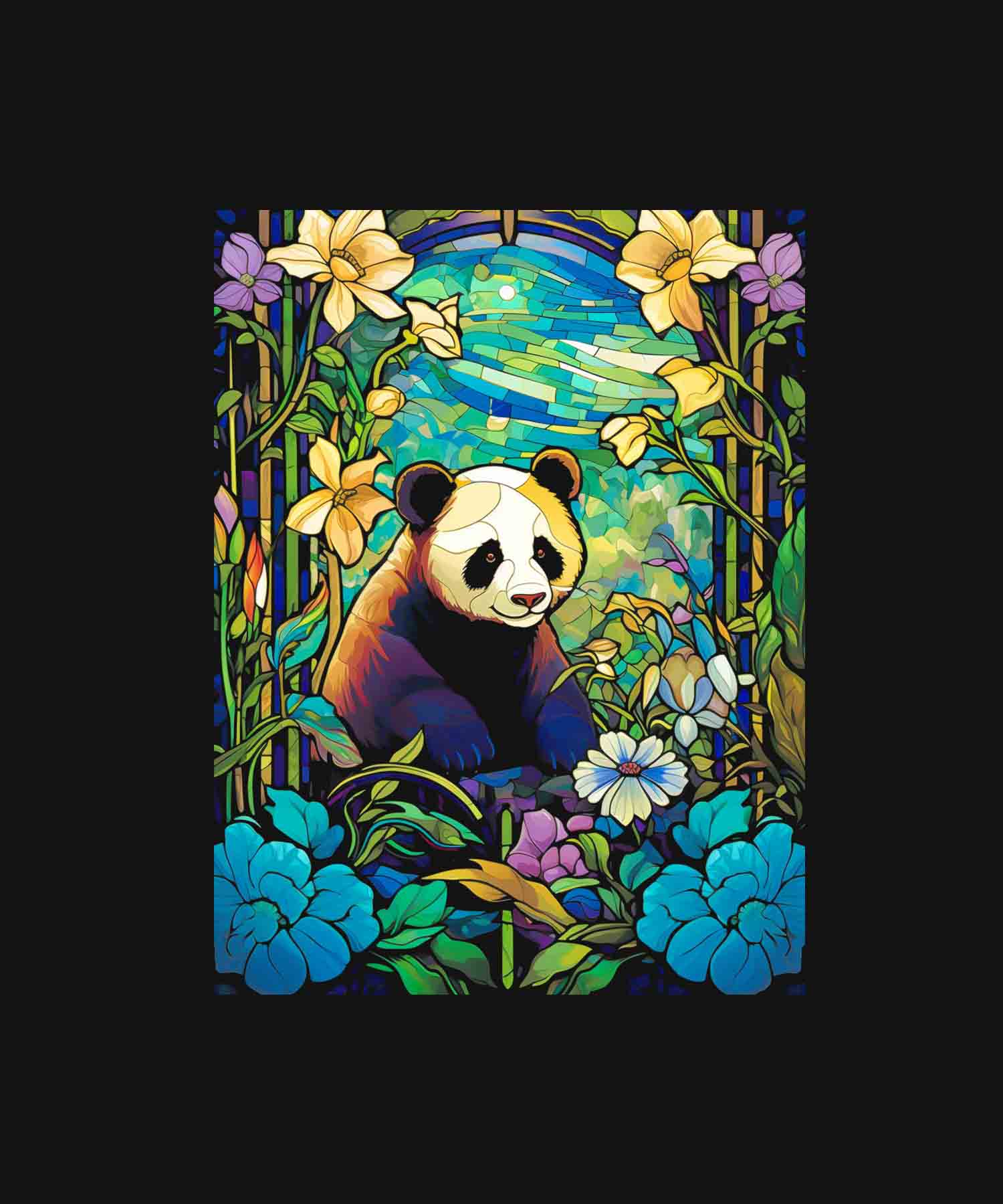 Black Half Sleeves Beautiful Panda Scenery Printed Oversized T-Shirt