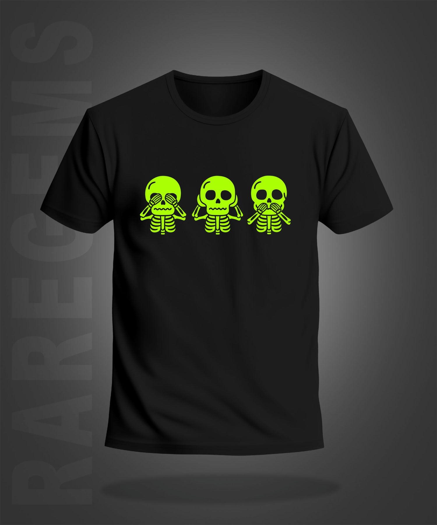 Black Round Neck Half Sleeve Three Neon Skulls Vinyl Printed Regular T-Shirt