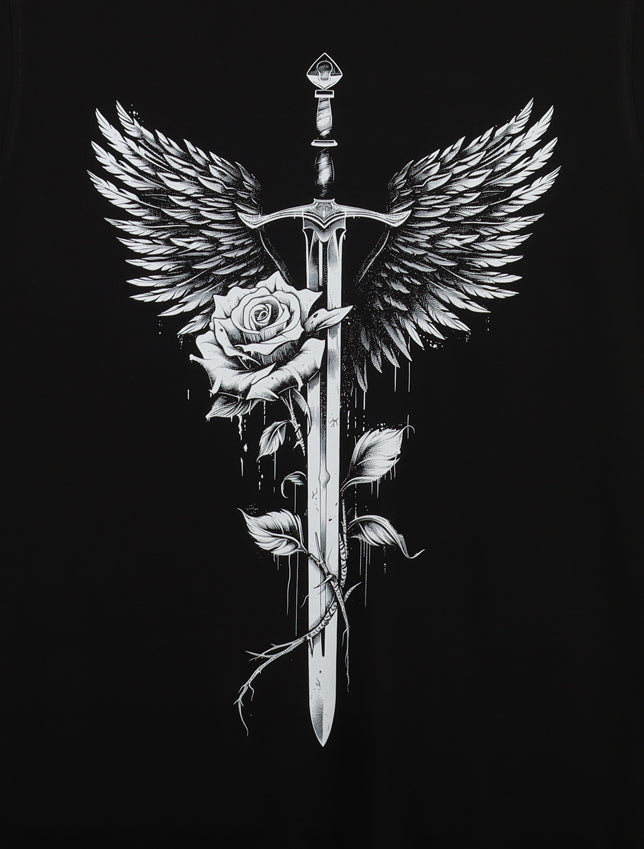 Black Round Neck Half Sleeve Sword With White Rose Back Printed Regular T-Shirt