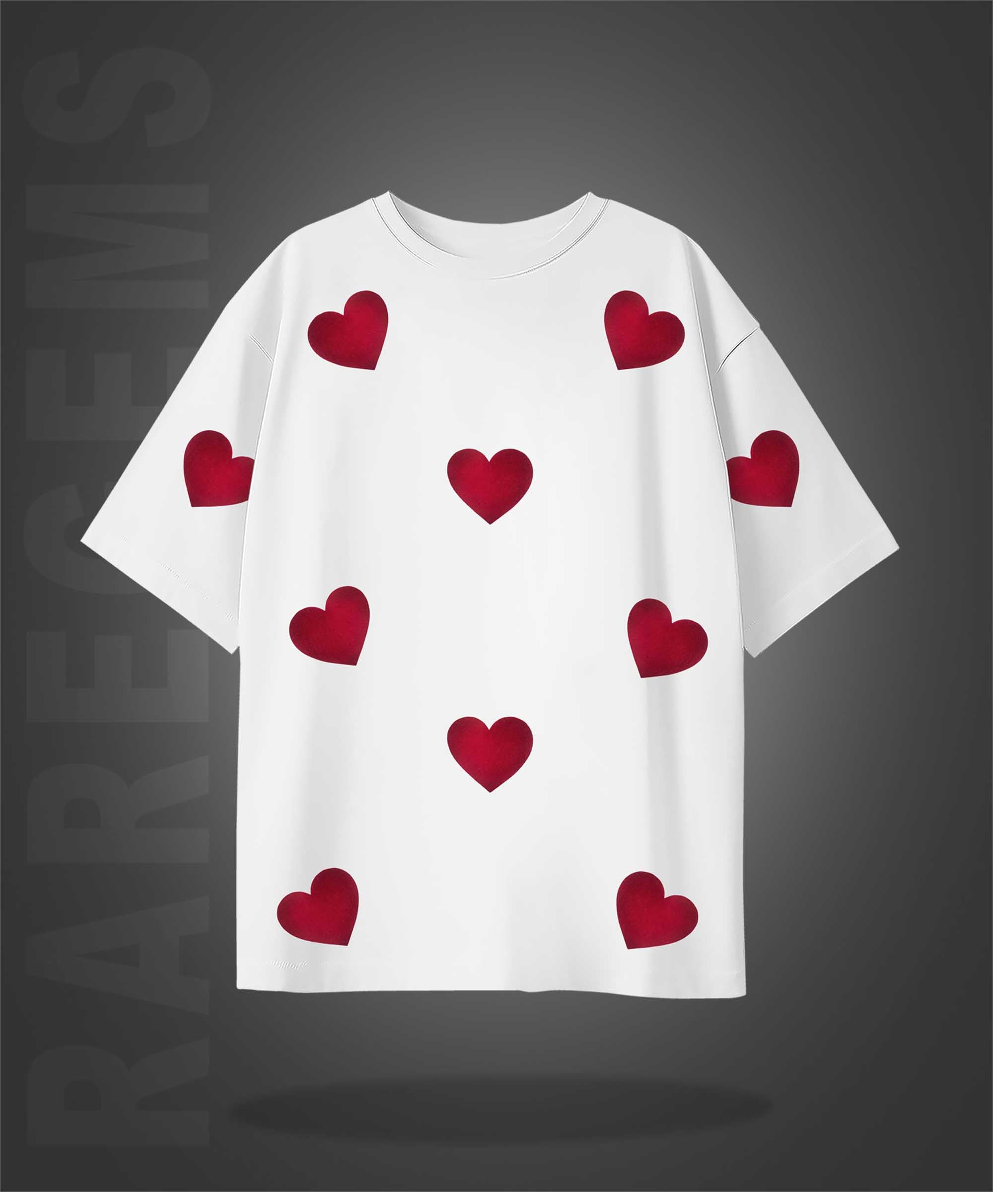 Off White Half Sleeves Red Hearts Printed Oversized T-Shirt
