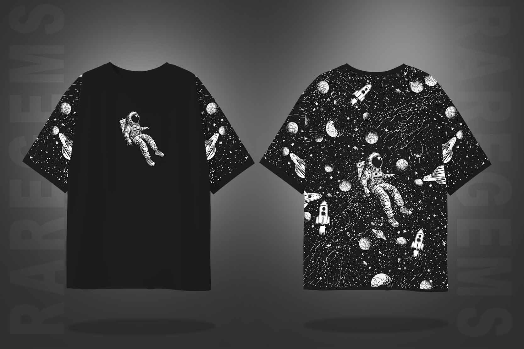 Black Half Sleeves Astronaut's Adventure Printed Oversized T-Shirt