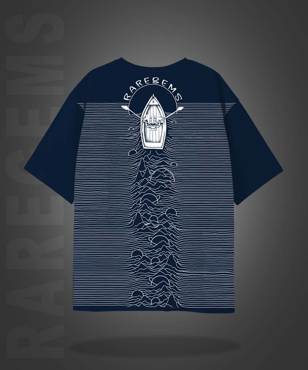 Navy Blue Half Sleeves Round Neck Boat On Silent Seas Printed Oversized T-Shirt