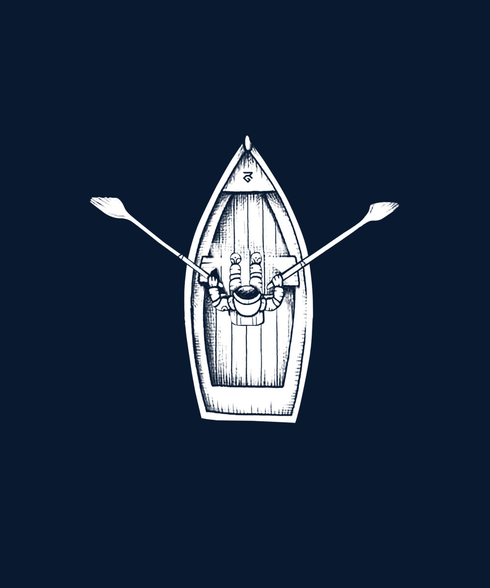 Navy Blue Half Sleeves Round Neck Boat On Silent Seas Printed Oversized T-Shirt