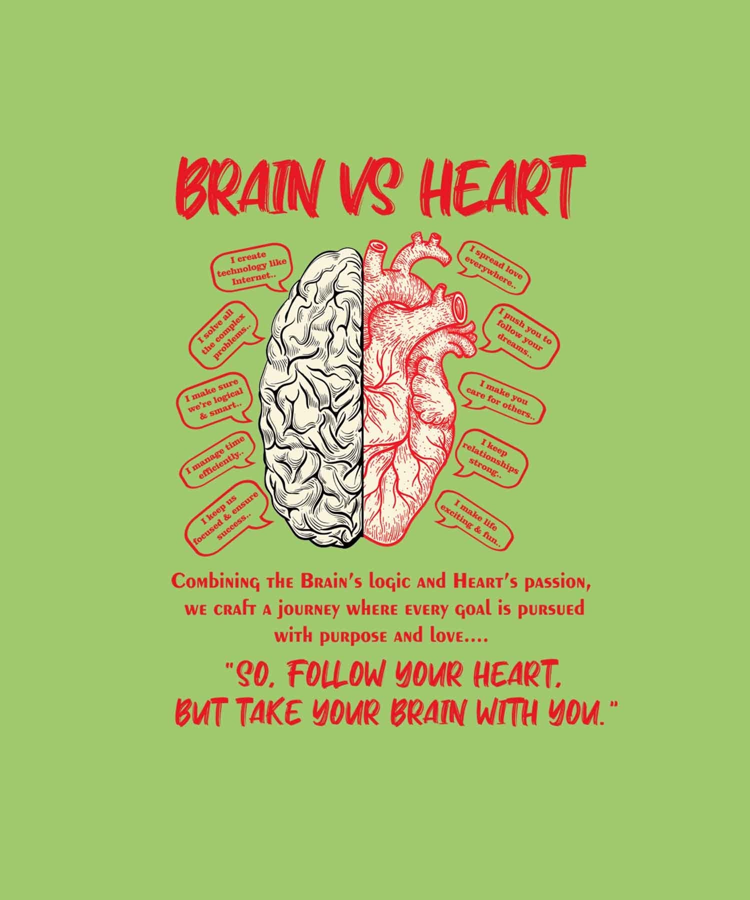 Lime Green Half Sleeves Brain Vs Heart Printed Oversized T-Shirt