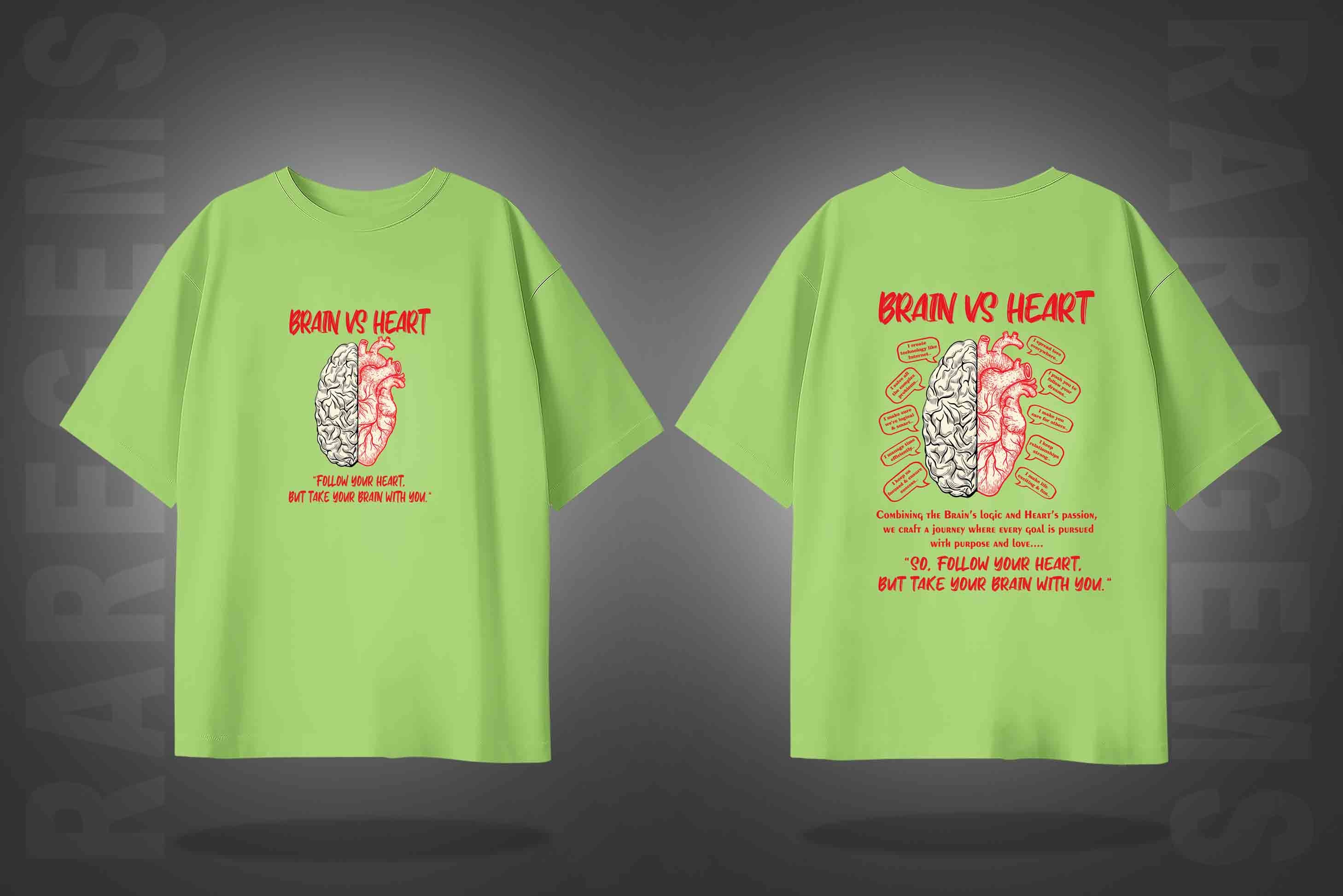 Lime Green Half Sleeves Brain Vs Heart Printed Oversized T-Shirt