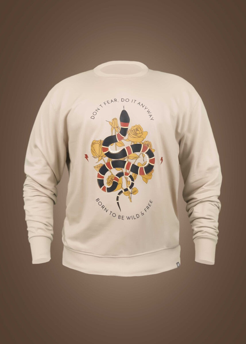 Beige Round Neck Snake With Roses Printed Sweatshirt