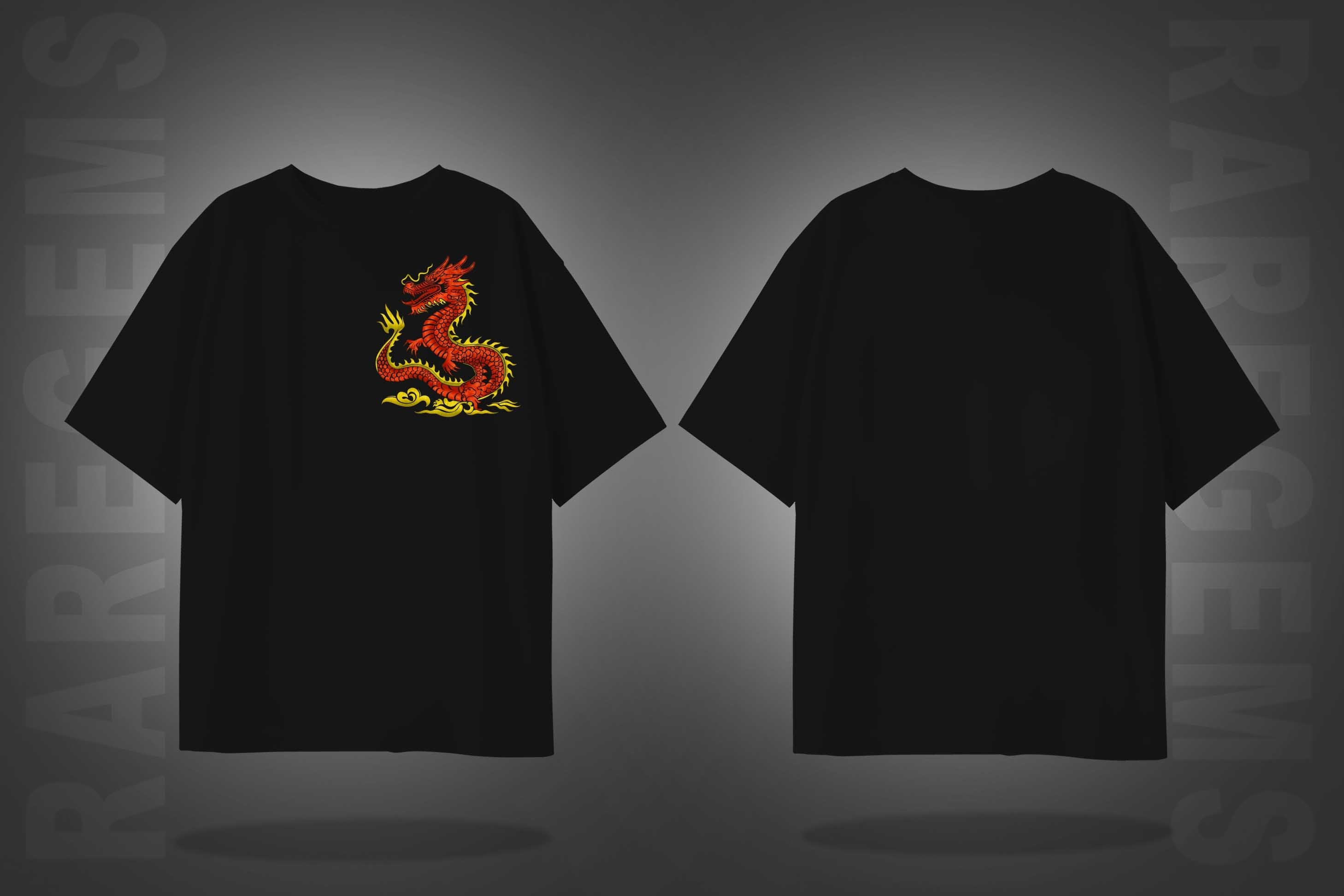 Black Half Sleeve Round Neck Red Dragon Embroidered Oversized T-Shirt