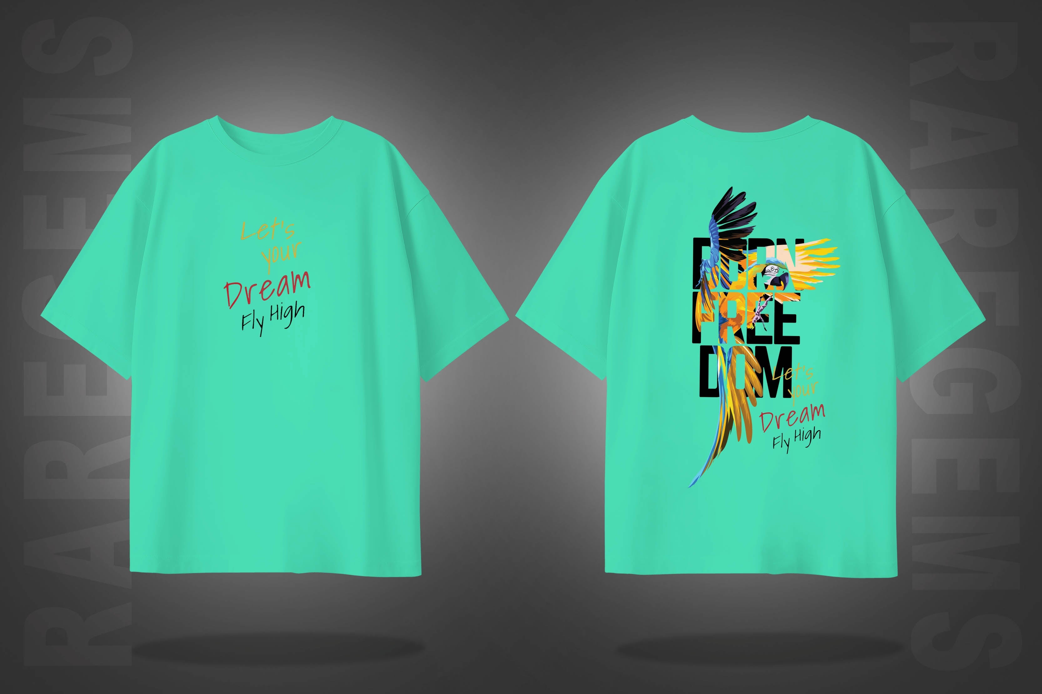 Mint Green Half Sleeve Freedom And Macaw Bird Printed Oversized T-Shirt