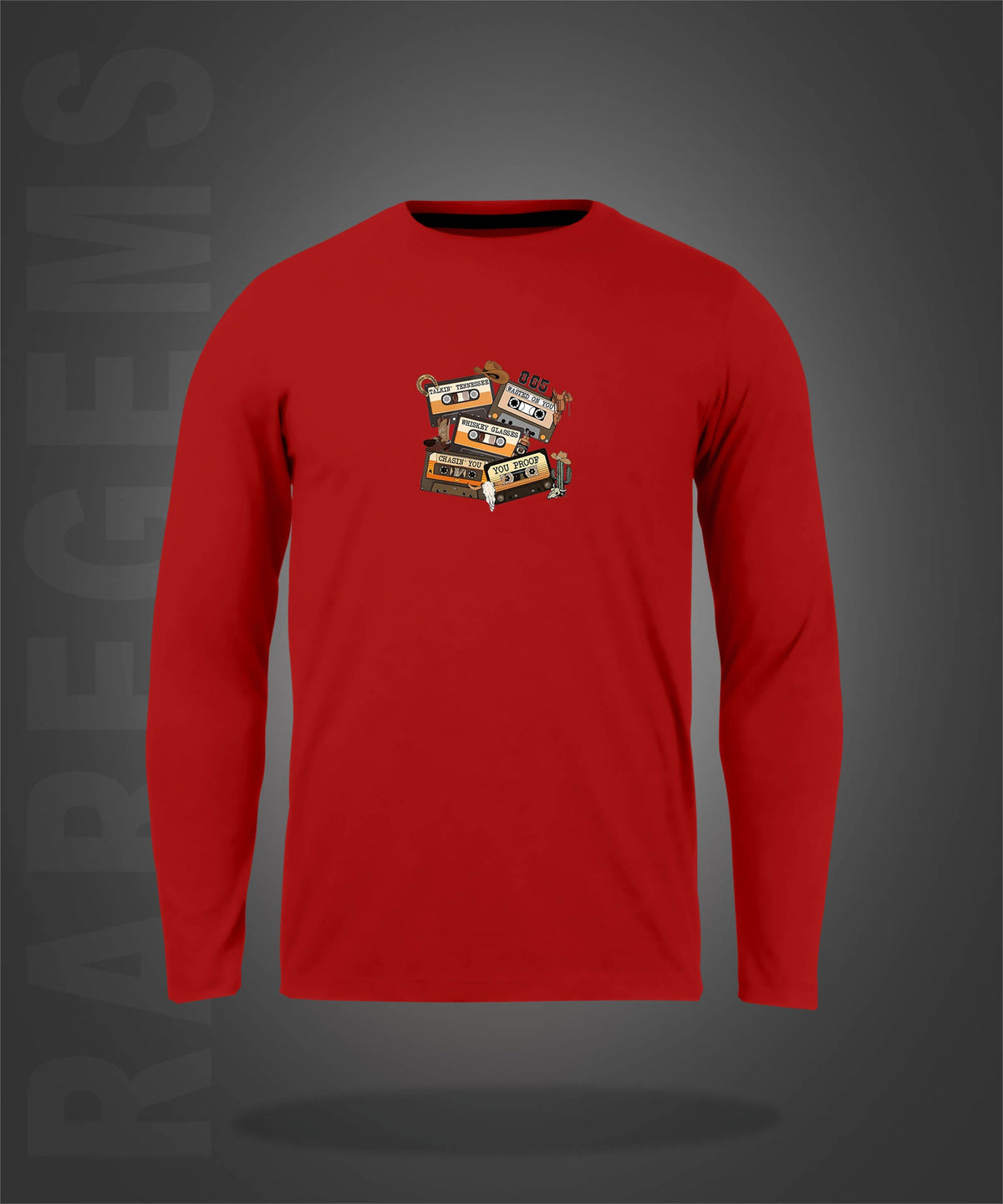 Red Round Neck Old Cassette Printed Full Sleeves T-Shirt