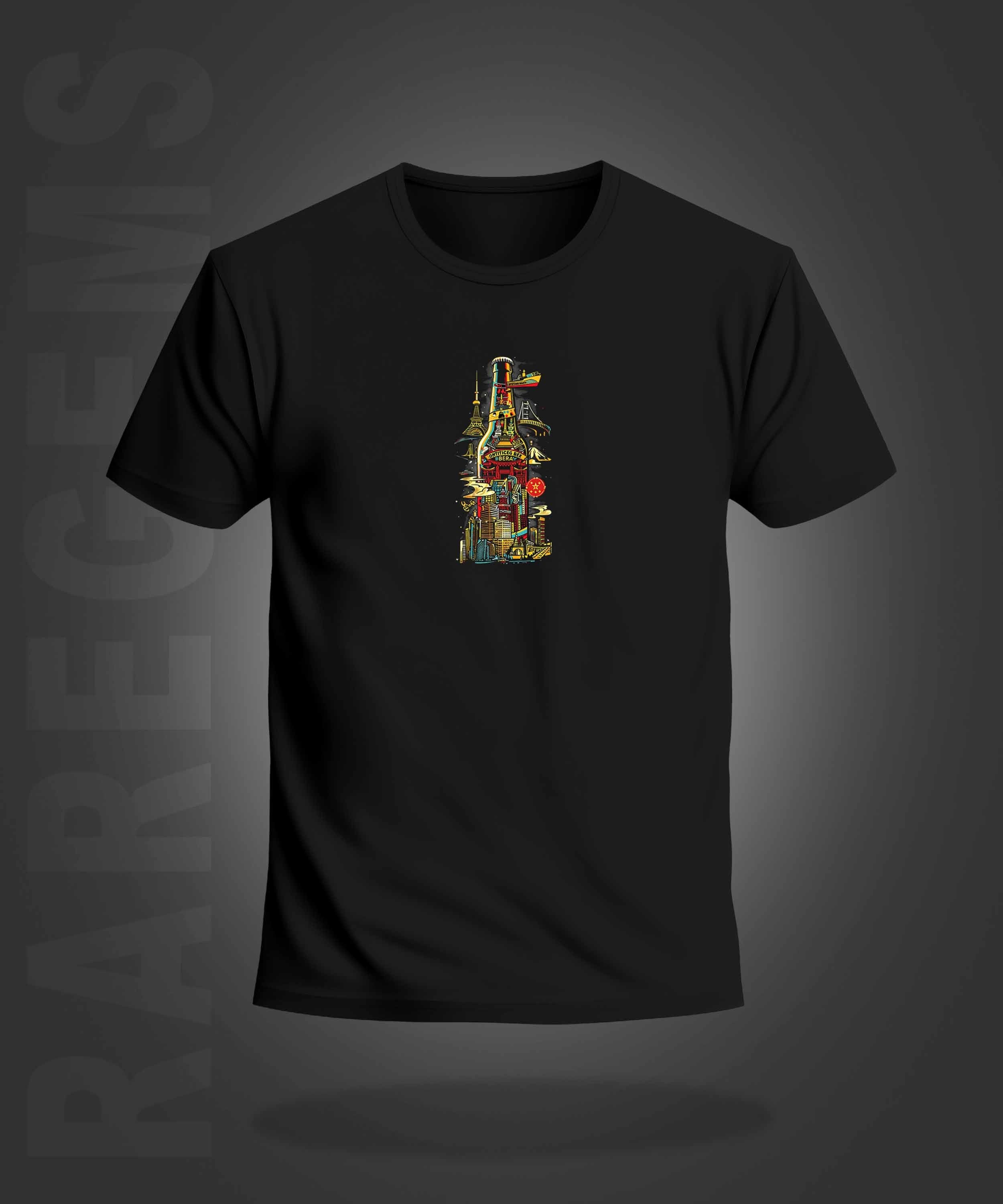 Black Half Sleeve Round Neck Buildings In Bottle Printed Regular T-Shirt