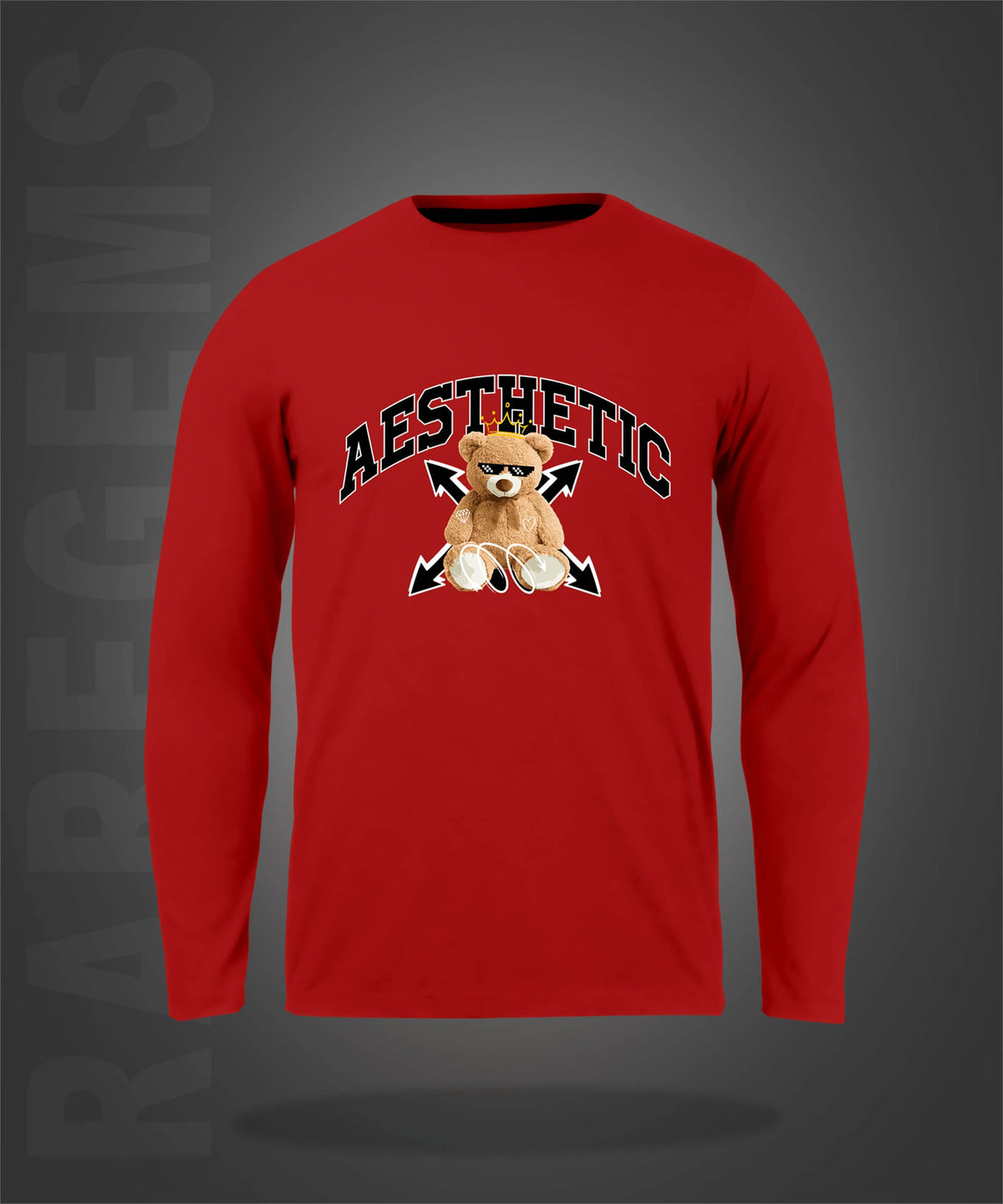 Red Round Neck Aesthetic Cool Teddy Printed Full Sleeves T-Shirt