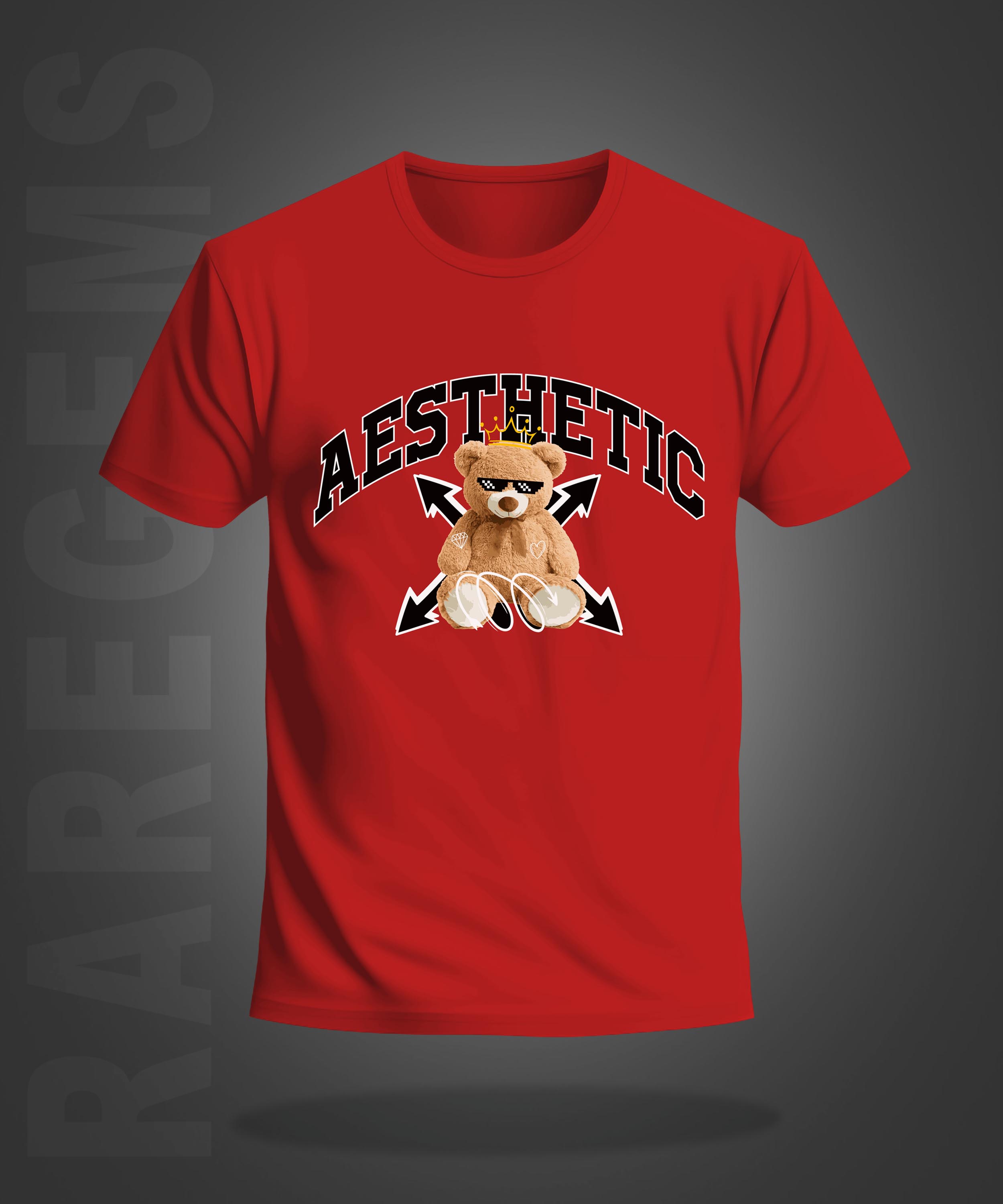 Red Half Sleeves Round Neck Aesthetic Cool Teddy Printed Regular T-Shirt