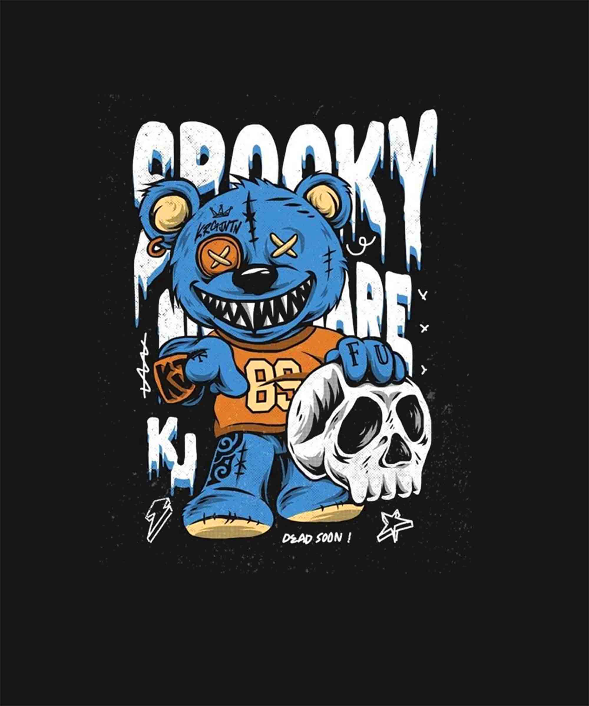 Black Half Sleeve Spooky Teddy Printed Oversized T-Shirt