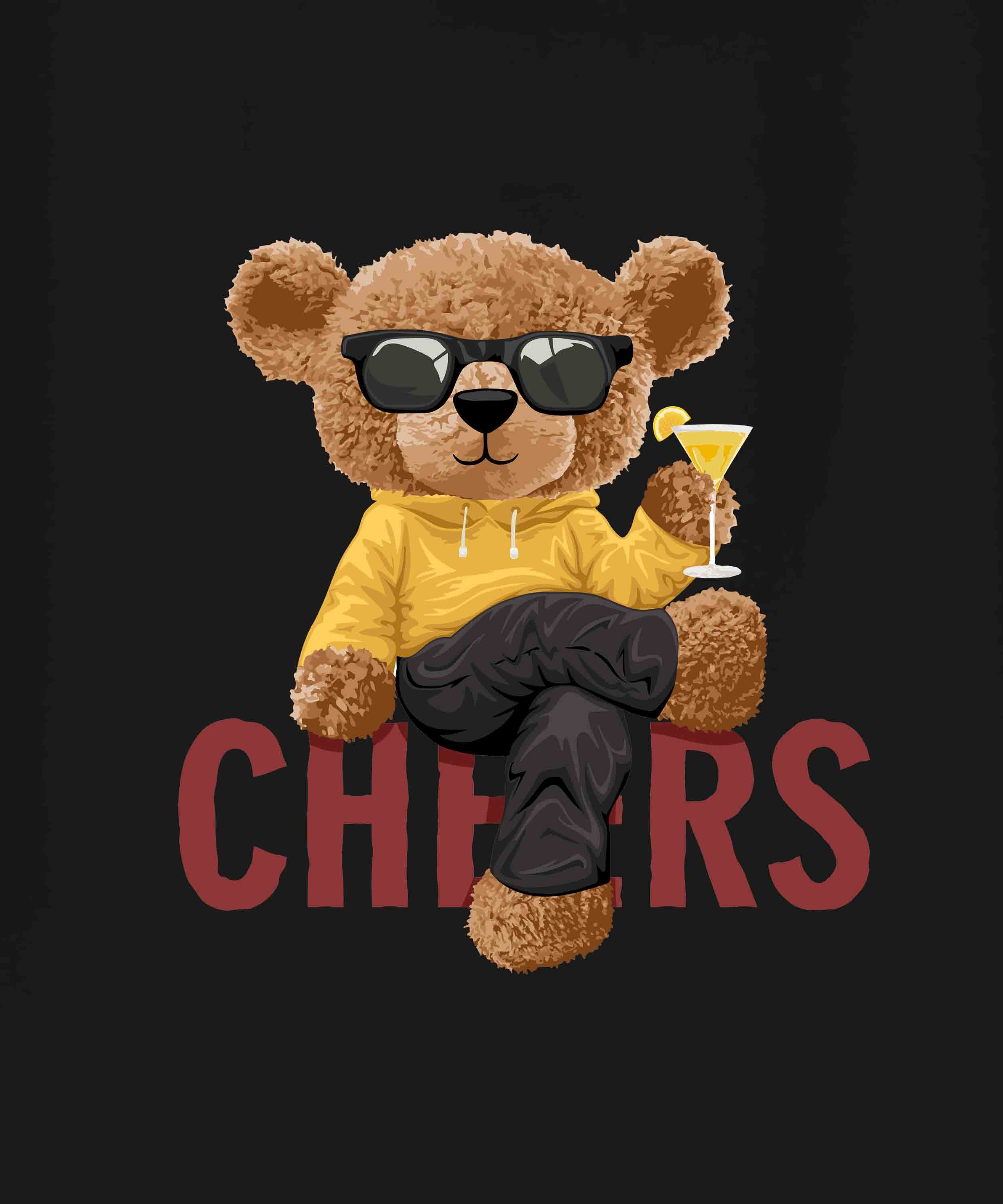 Black Round Neck Half Sleeves Cheering Teddy Printed Regular T-Shirt