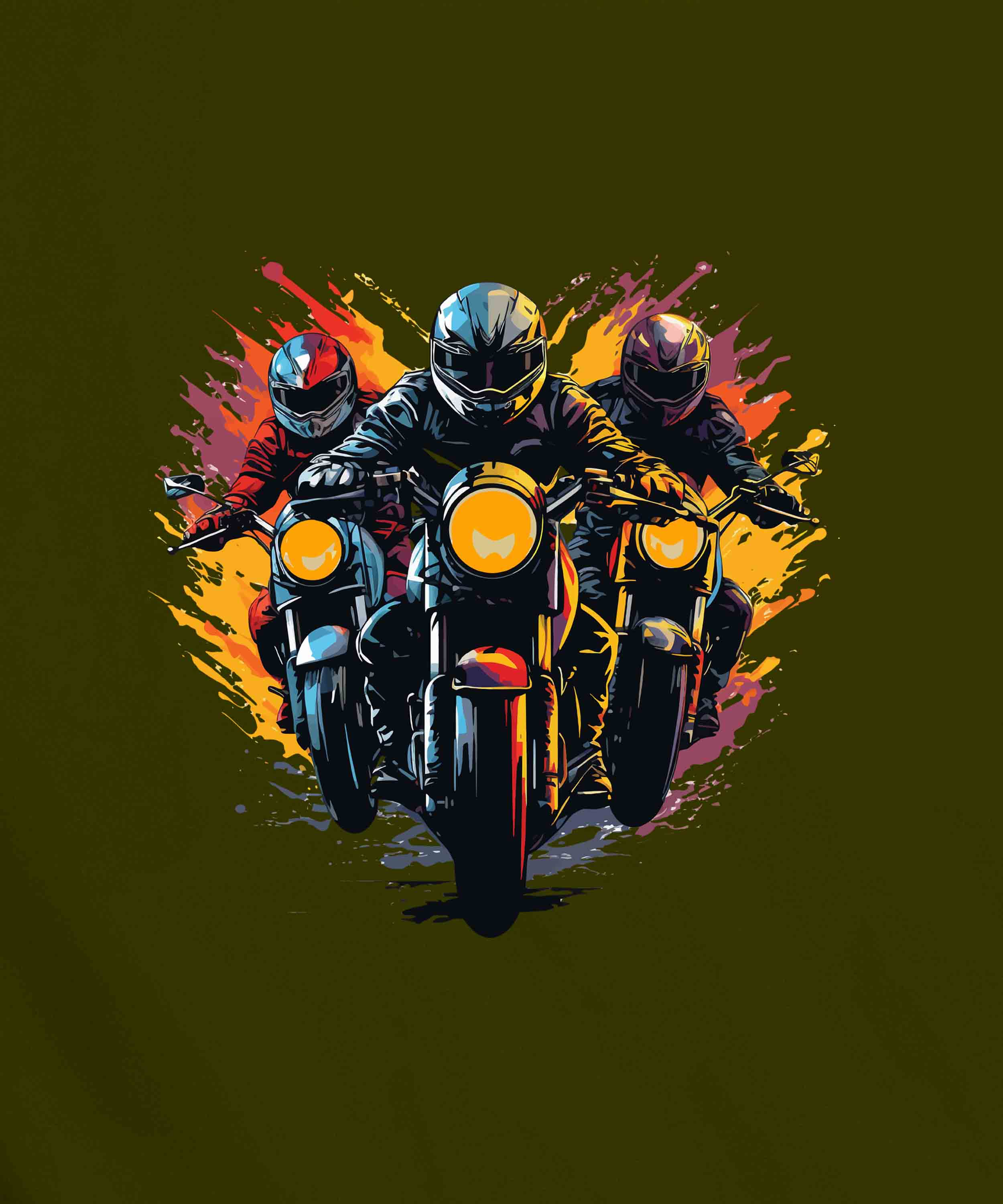 Olive Green Half Sleeves Round Neck Three Bikers Printed Regular T-Shirt