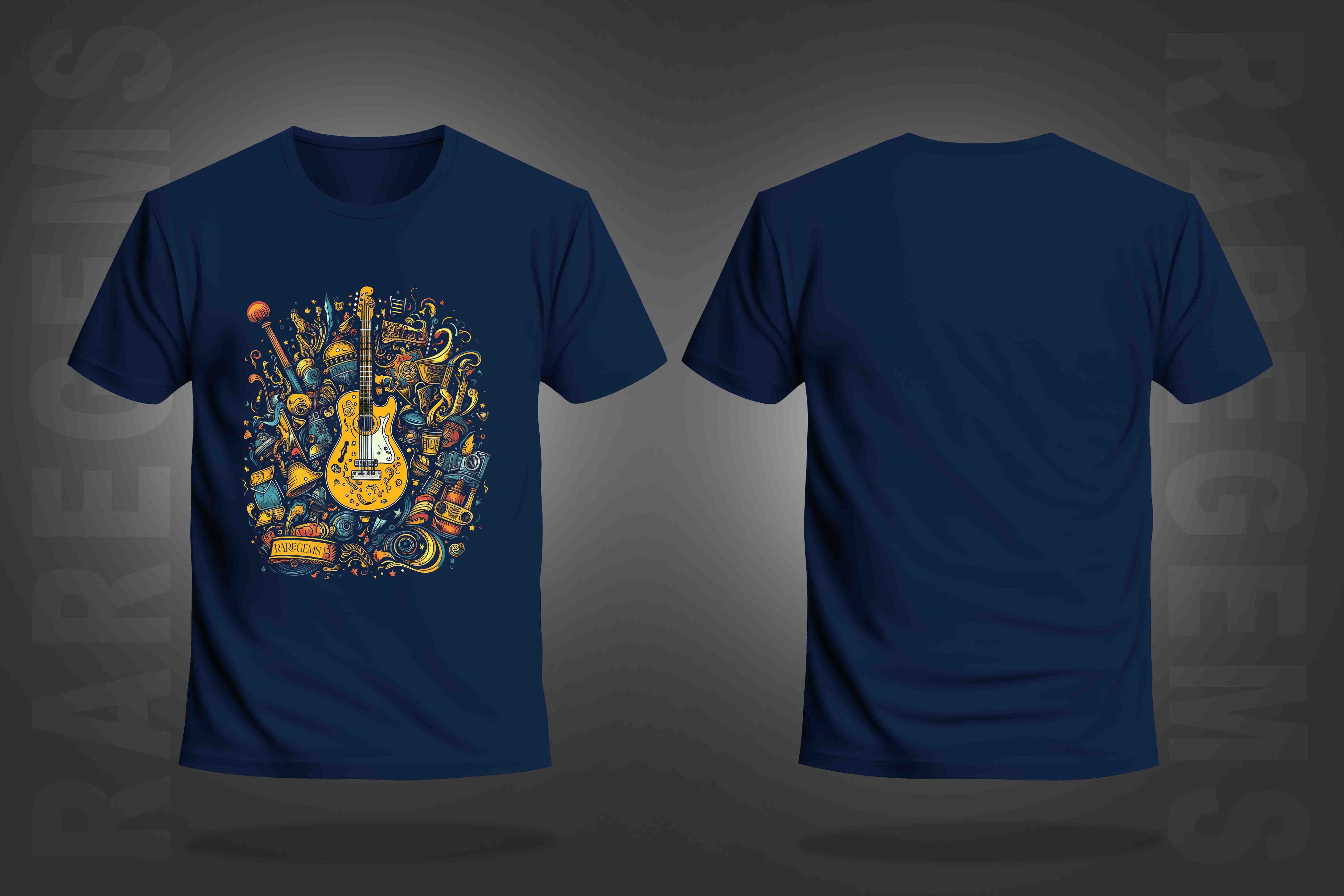 Navy Blue Round Neck Half Sleeve Guitar With Beautiful Elements Printed Regular T-Shirt