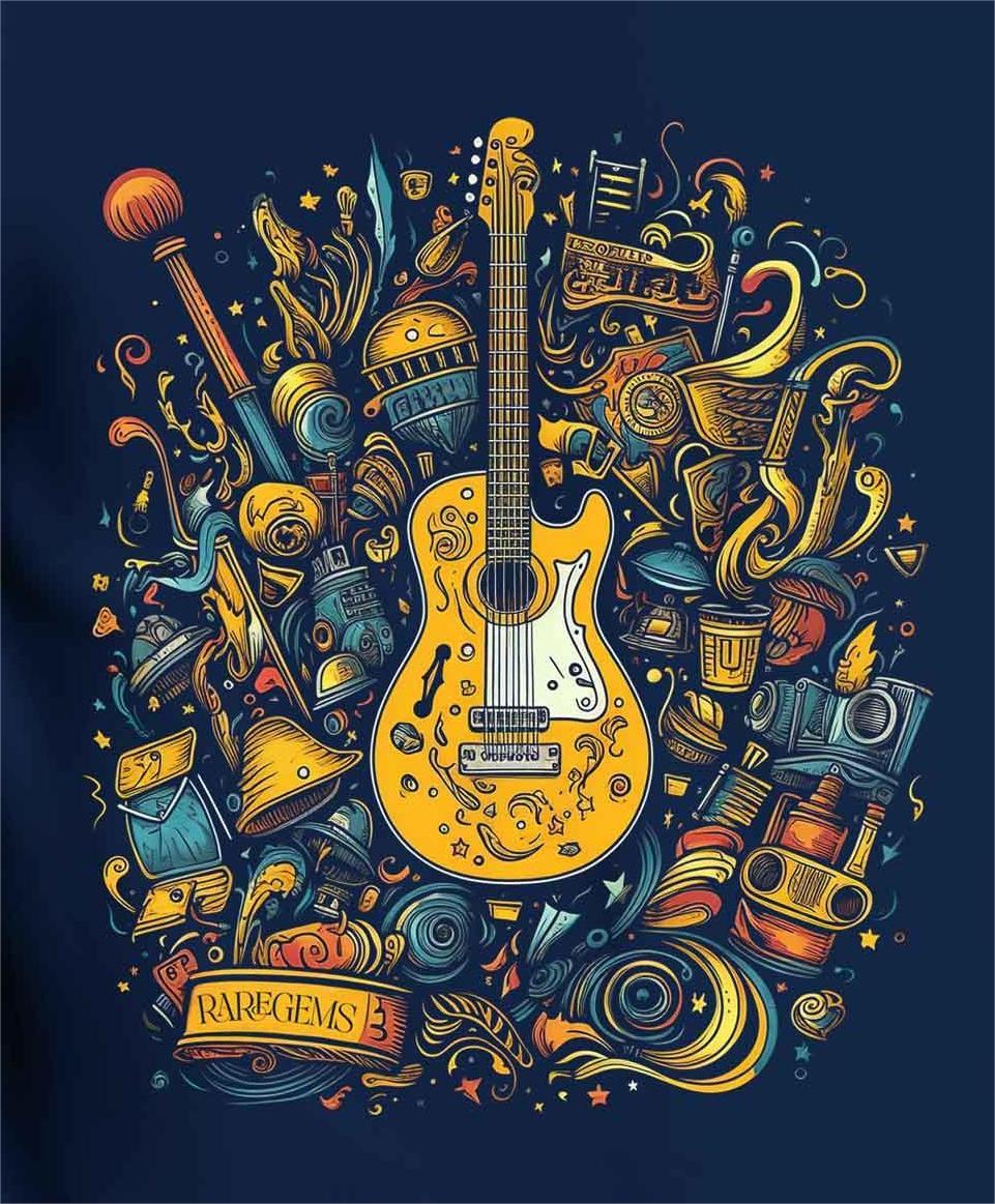 Navy Blue Round Neck Half Sleeve Guitar With Beautiful Elements Printed Regular T-Shirt