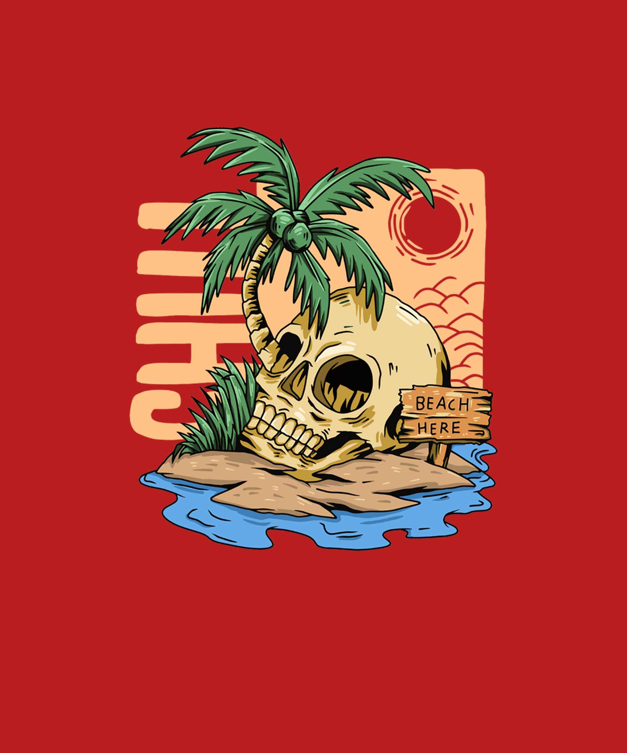 Red Round Neck Skull And Palm Tree Printed Full Sleeves T-Shirt