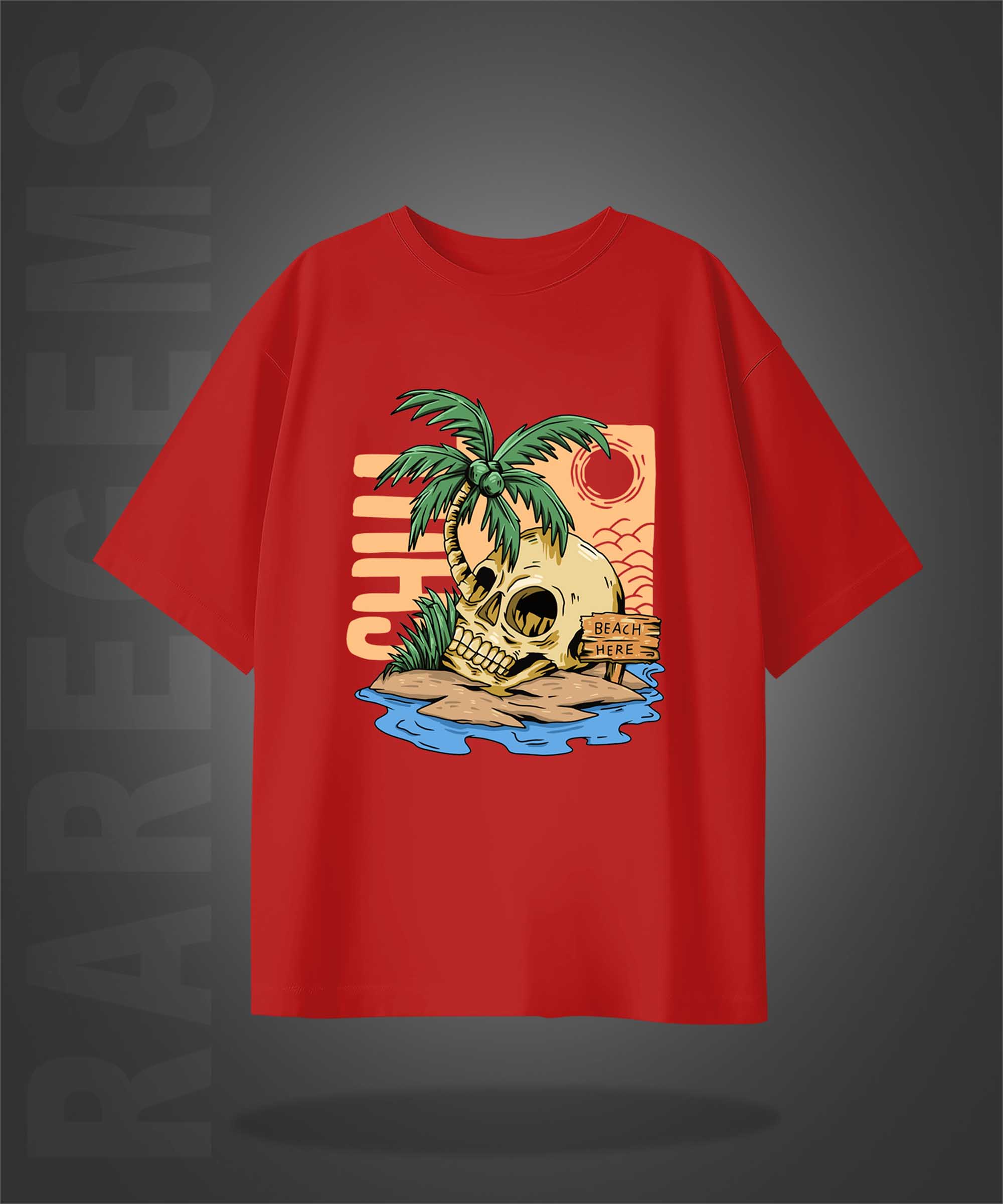 Red Half Sleeves Round Neck Skull And Palm Tree Printed Oversized T-Shirt