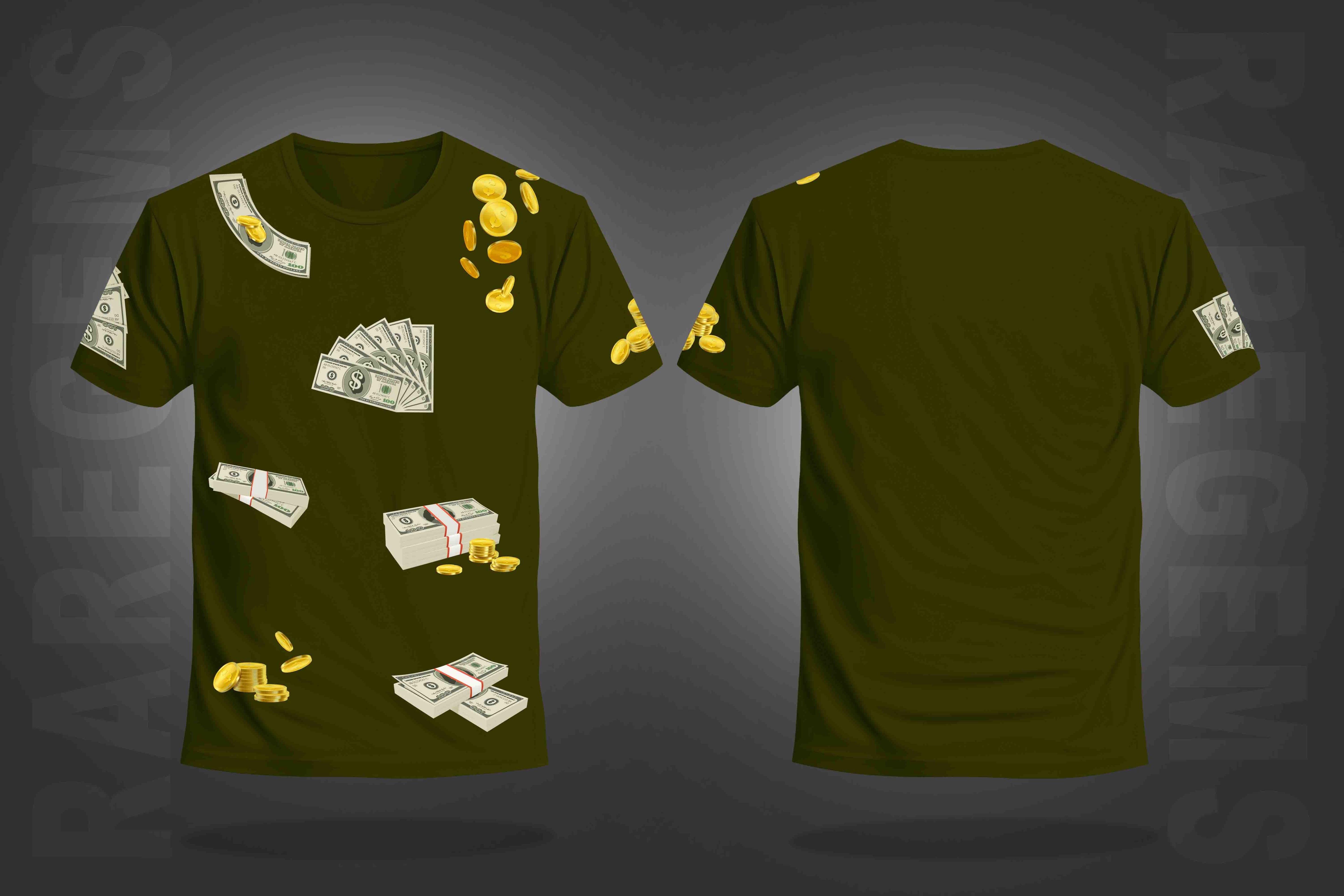 Olive Green Half Sleeve Round Neck Dollars And Gold Coins Printed Regular T-Shirt