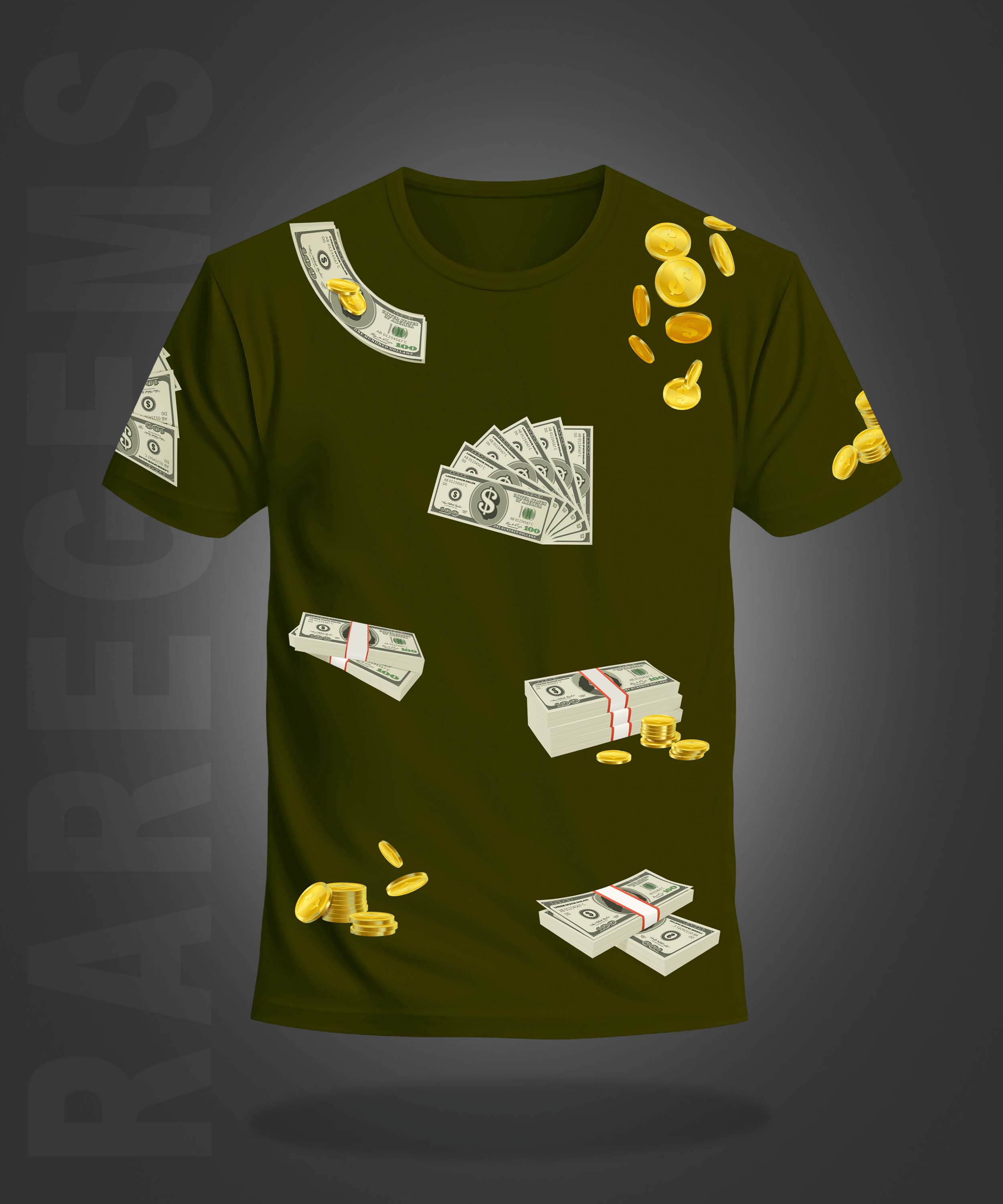 Olive Green Half Sleeve Round Neck Dollars And Gold Coins Printed Regular T-Shirt
