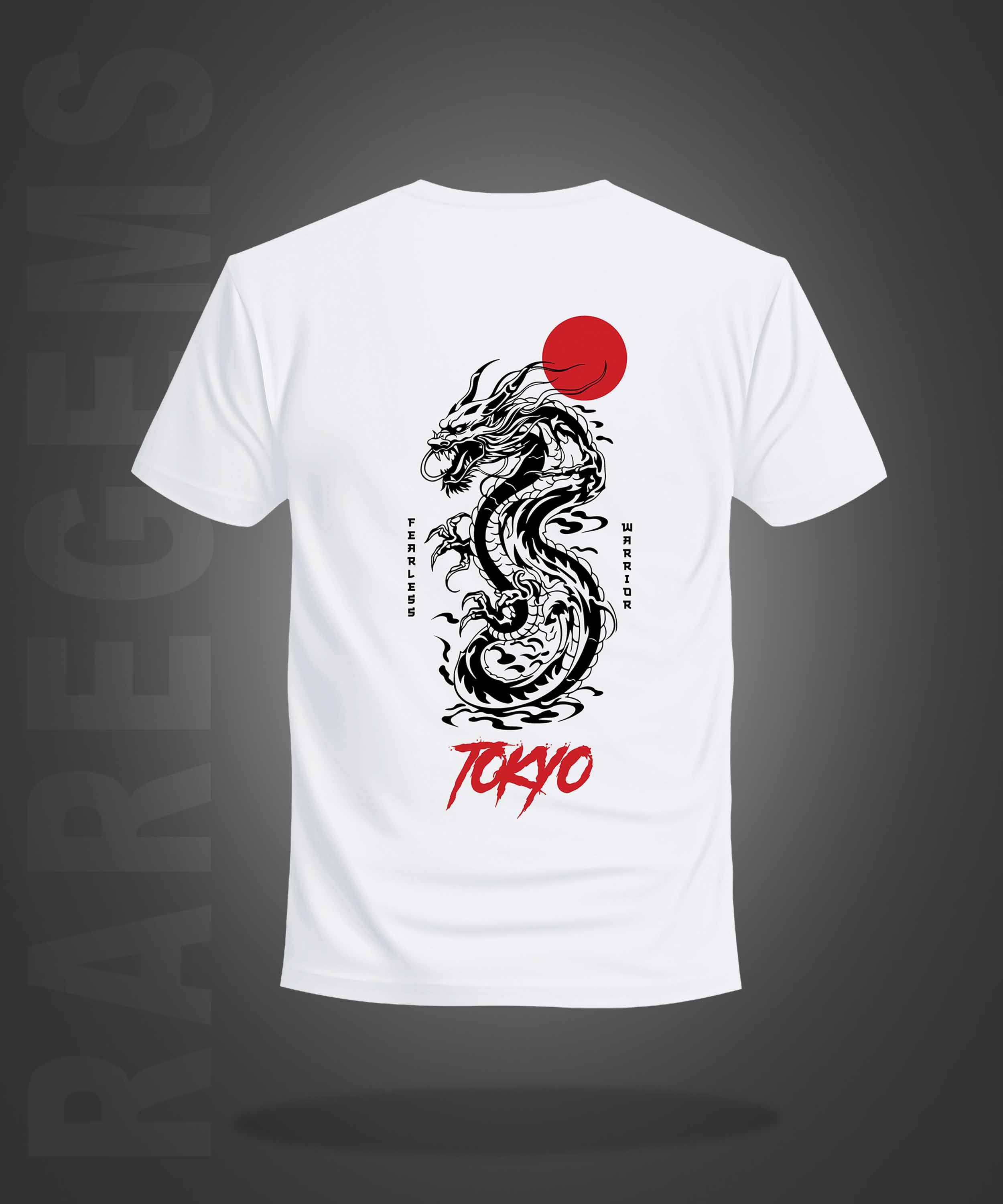 White Round Neck Half Sleeve Tokyo Dragon Printed Regular T-Shirt