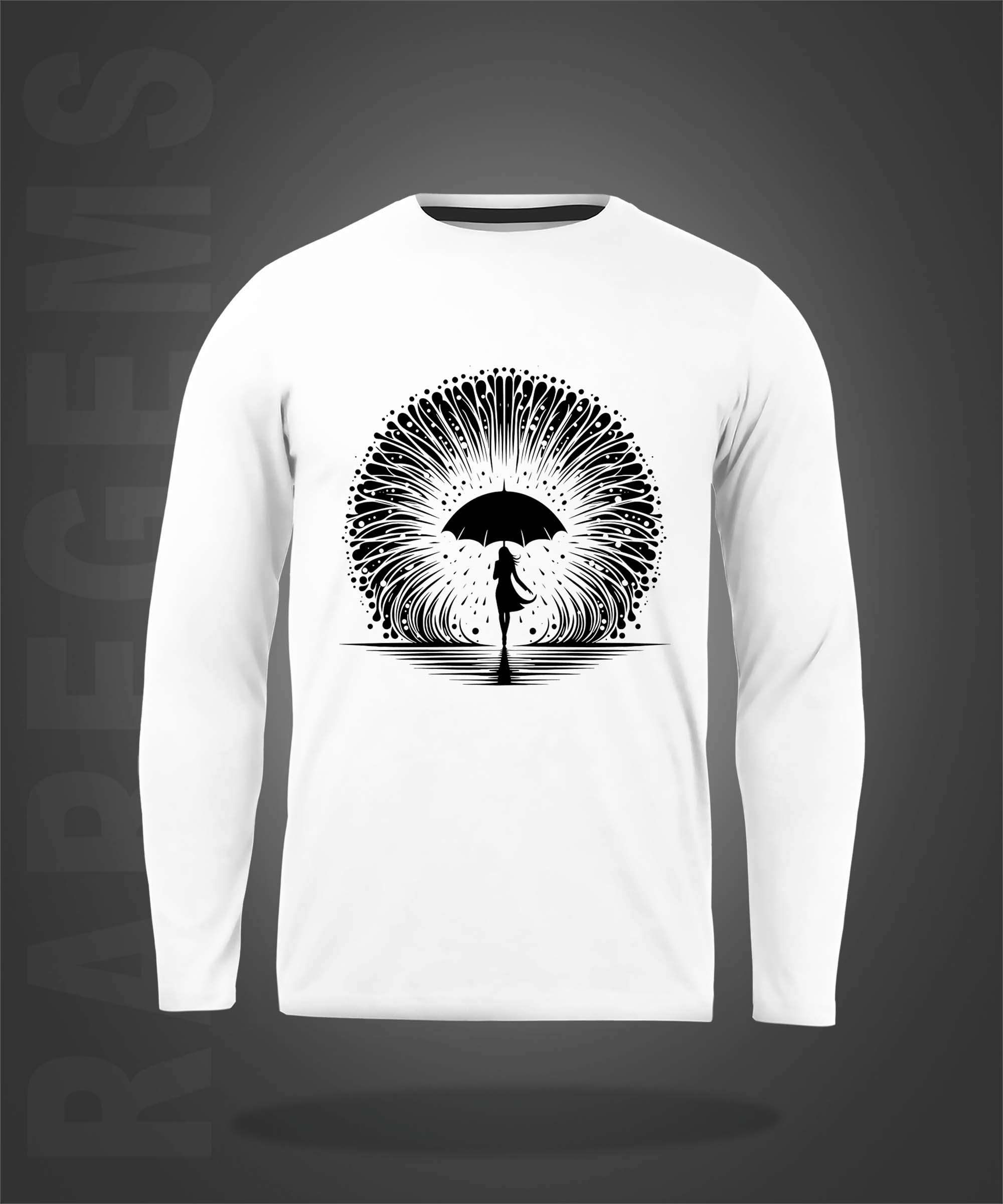 White Round Neck Girl Holding An Umbrella Printed Full Sleeves T-Shirt