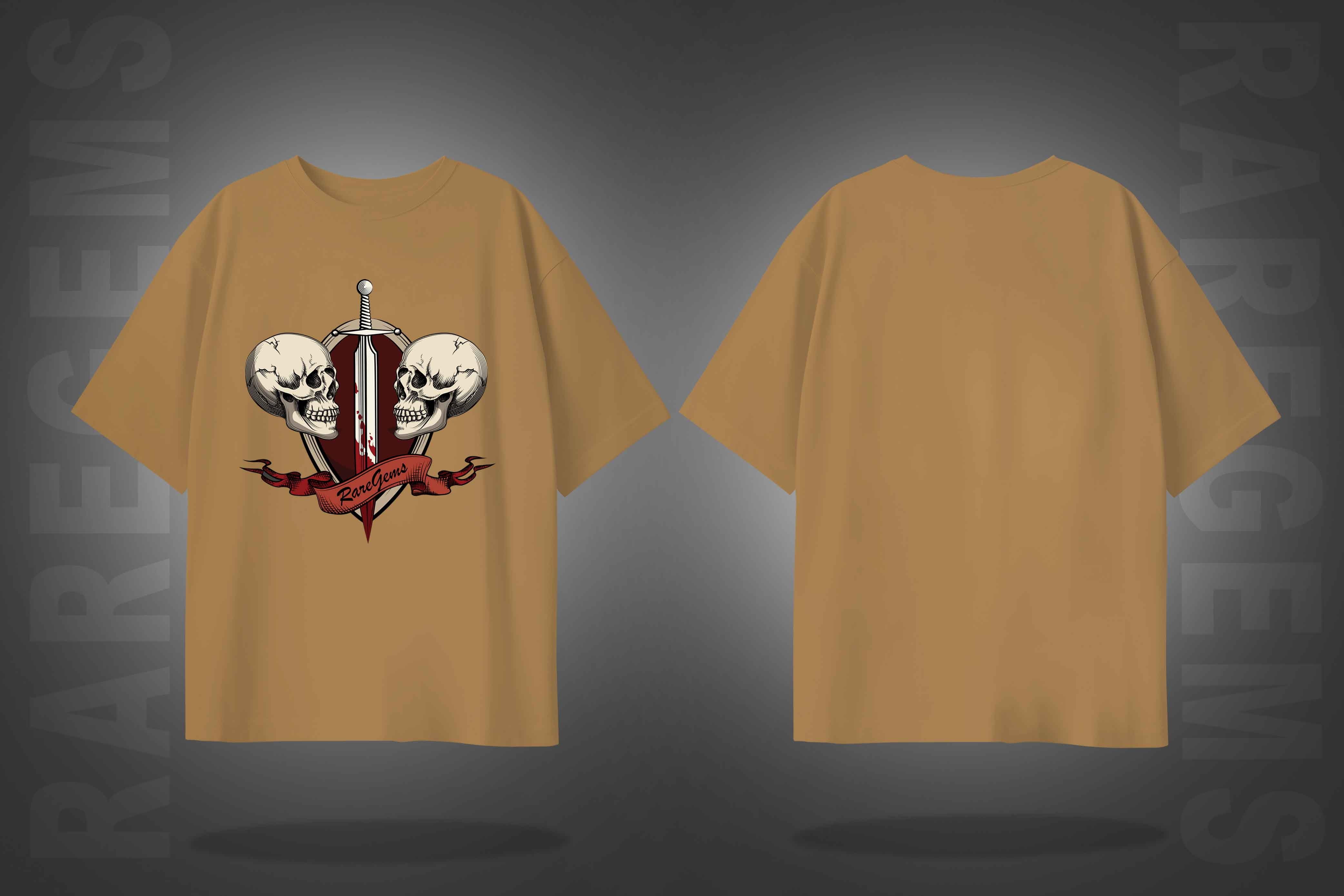 Beige Half Sleeve Two Skulls With Sword Printed Oversized T-Shirt