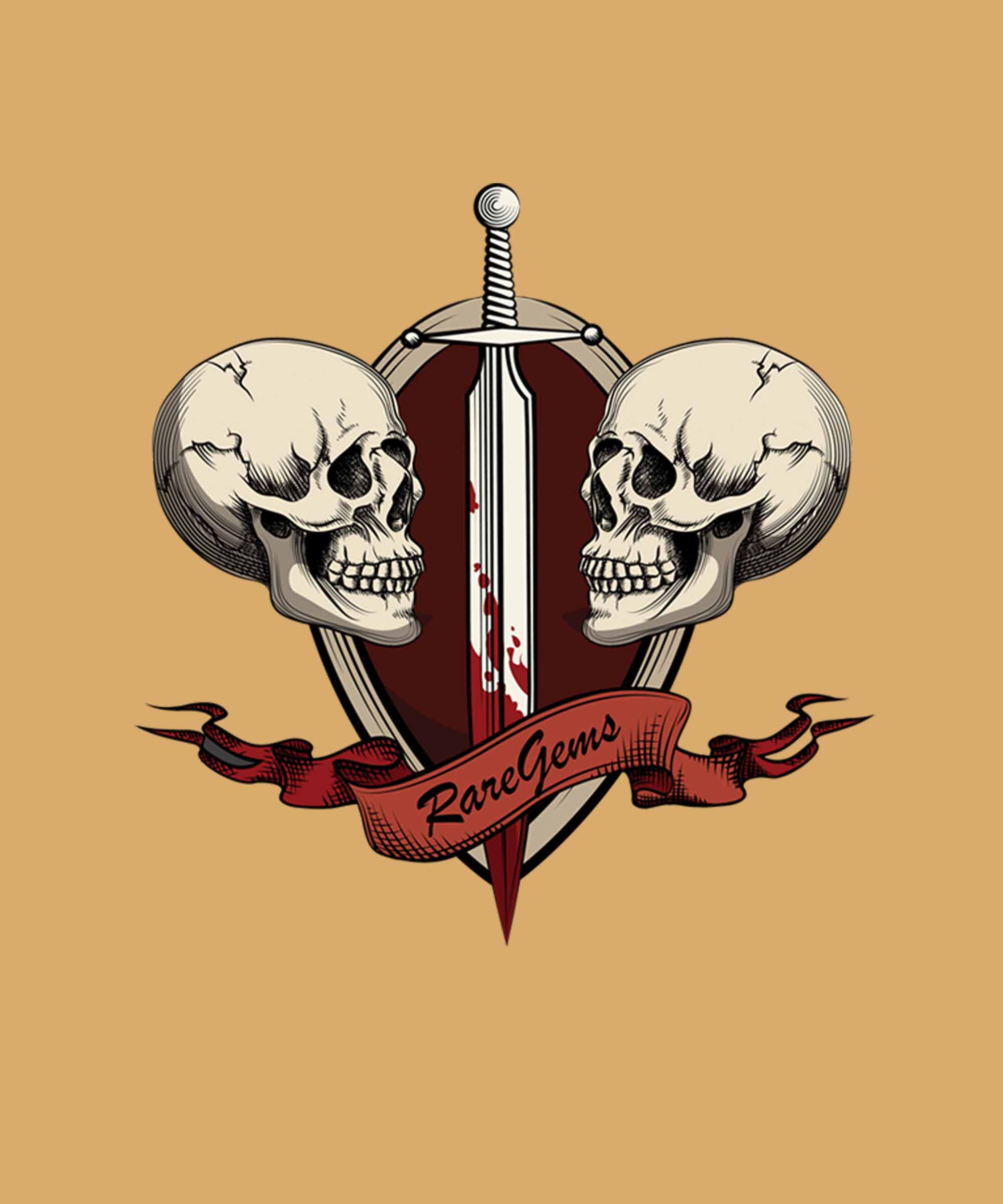 Beige Round Neck Two Skulls With Sword Printed Full Sleeves T-Shirt