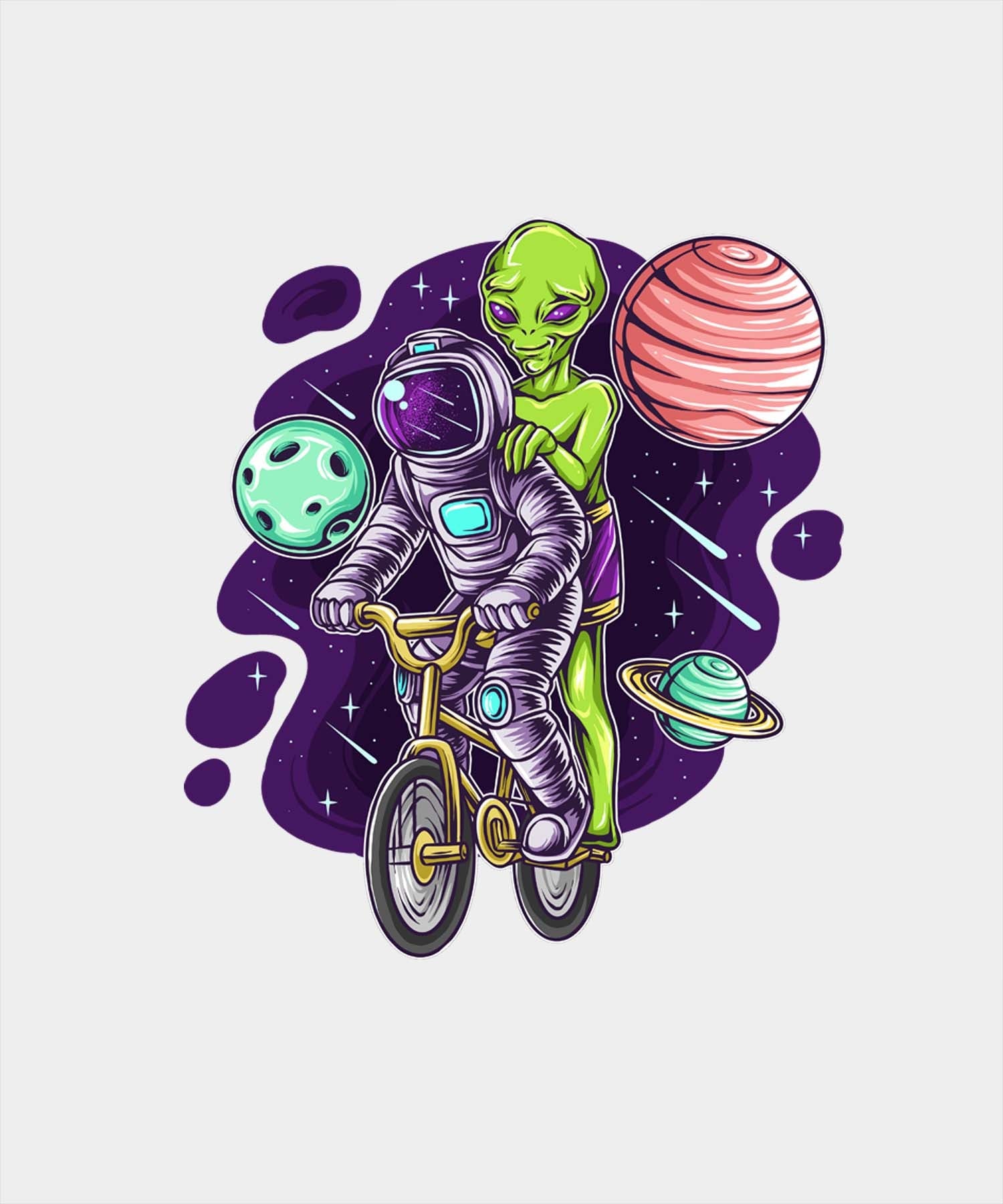 White Round Neck Half Sleeve Astronaut And Alien On The Bicycle Printed Regular T-Shirt
