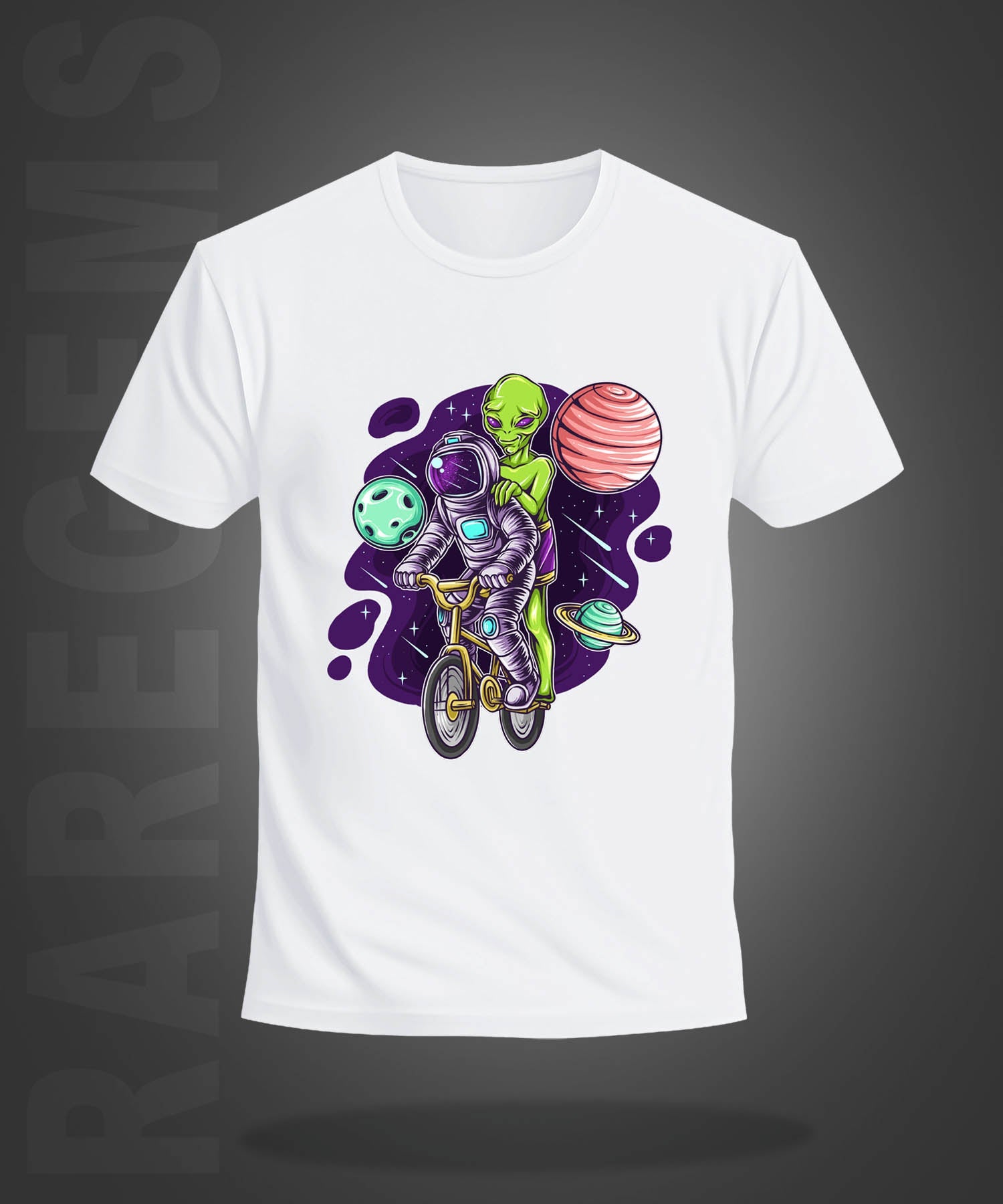 White Round Neck Half Sleeve Astronaut And Alien On The Bicycle Printed Regular T-Shirt