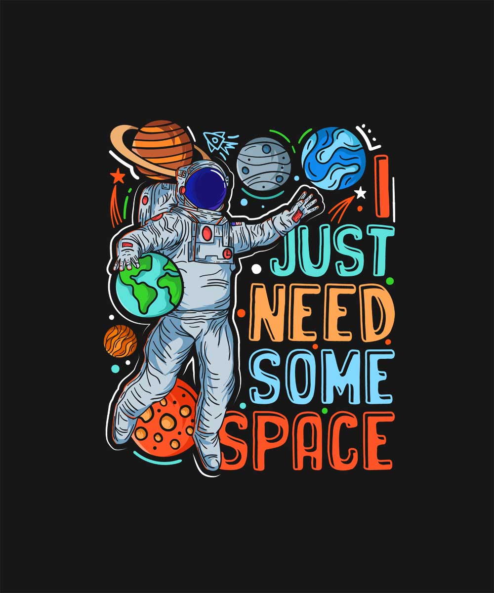 Black Half Sleeves Round Neck Astronaut And I Need Some Space Printed Oversized T-Shirt