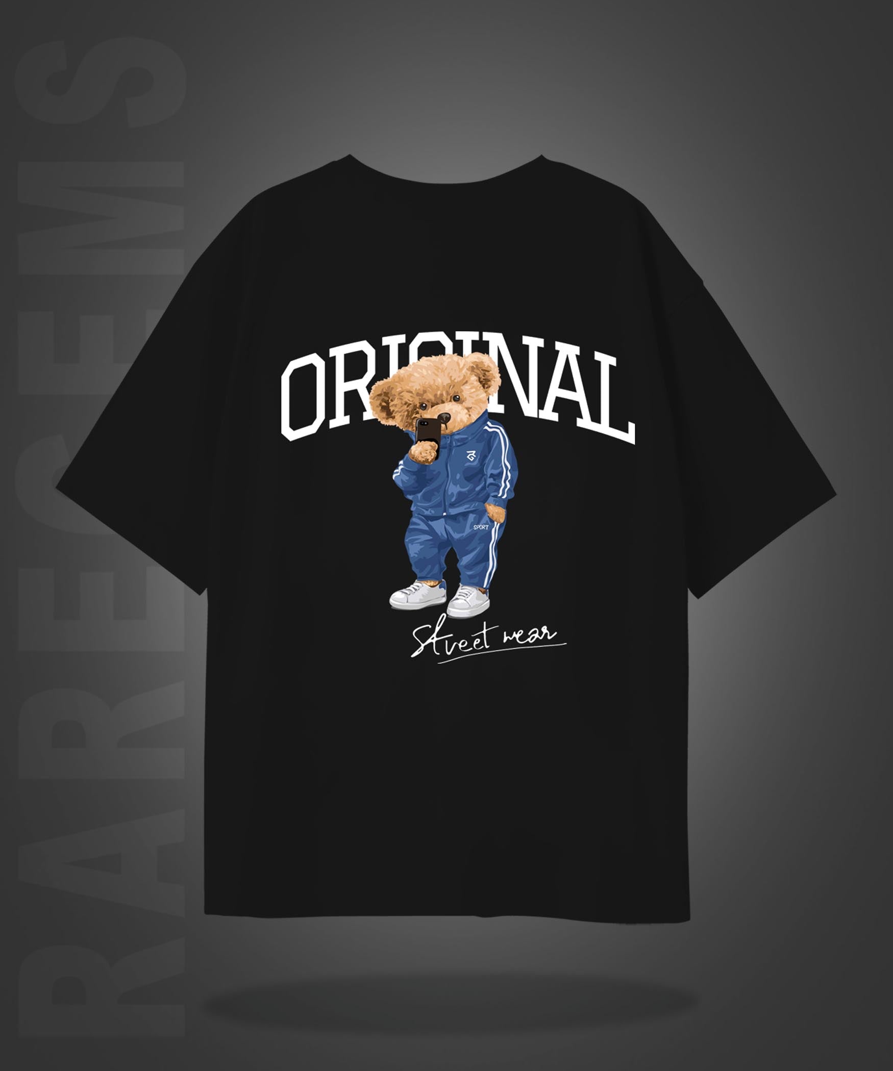 Black Half Sleeves Round Neck Cool Teddy Printed Oversized T-Shirt