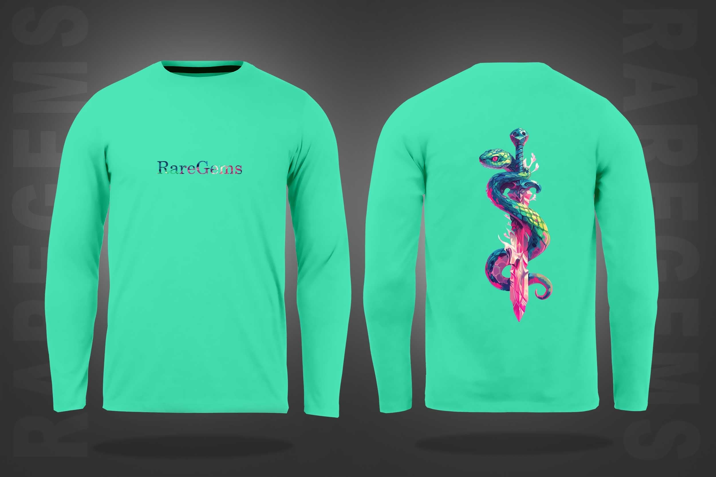 Mint Green Round Neck Snake Around the Sword Printed Full Sleeves T-Shirt