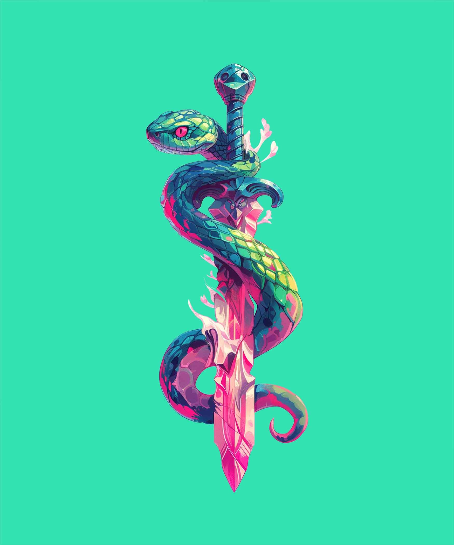 Mint Green Round Neck Snake Around the Sword Printed Full Sleeves T-Shirt