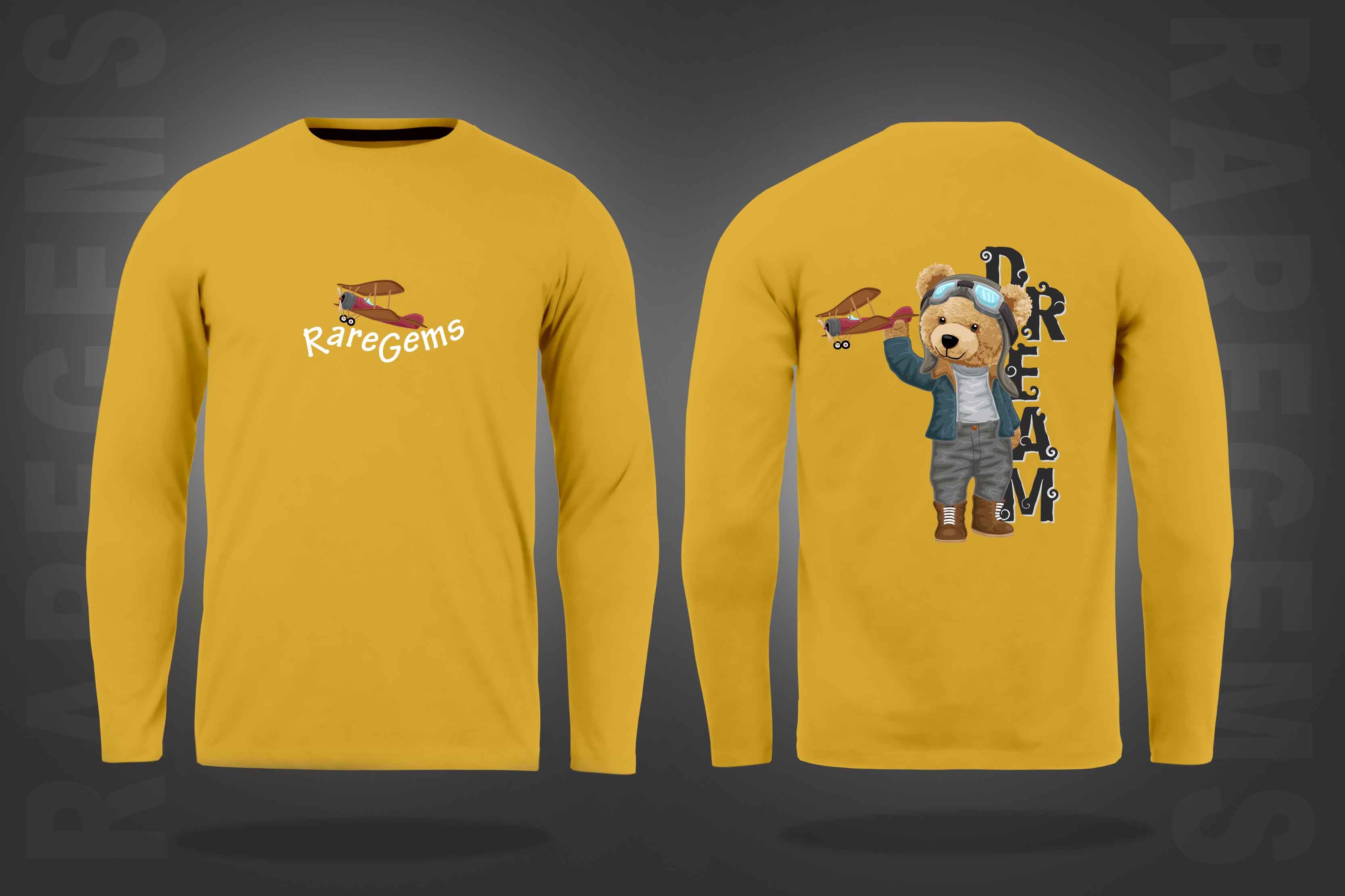 Yellow Round Neck Teddy With Plane Printed Full Sleeves T-Shirt