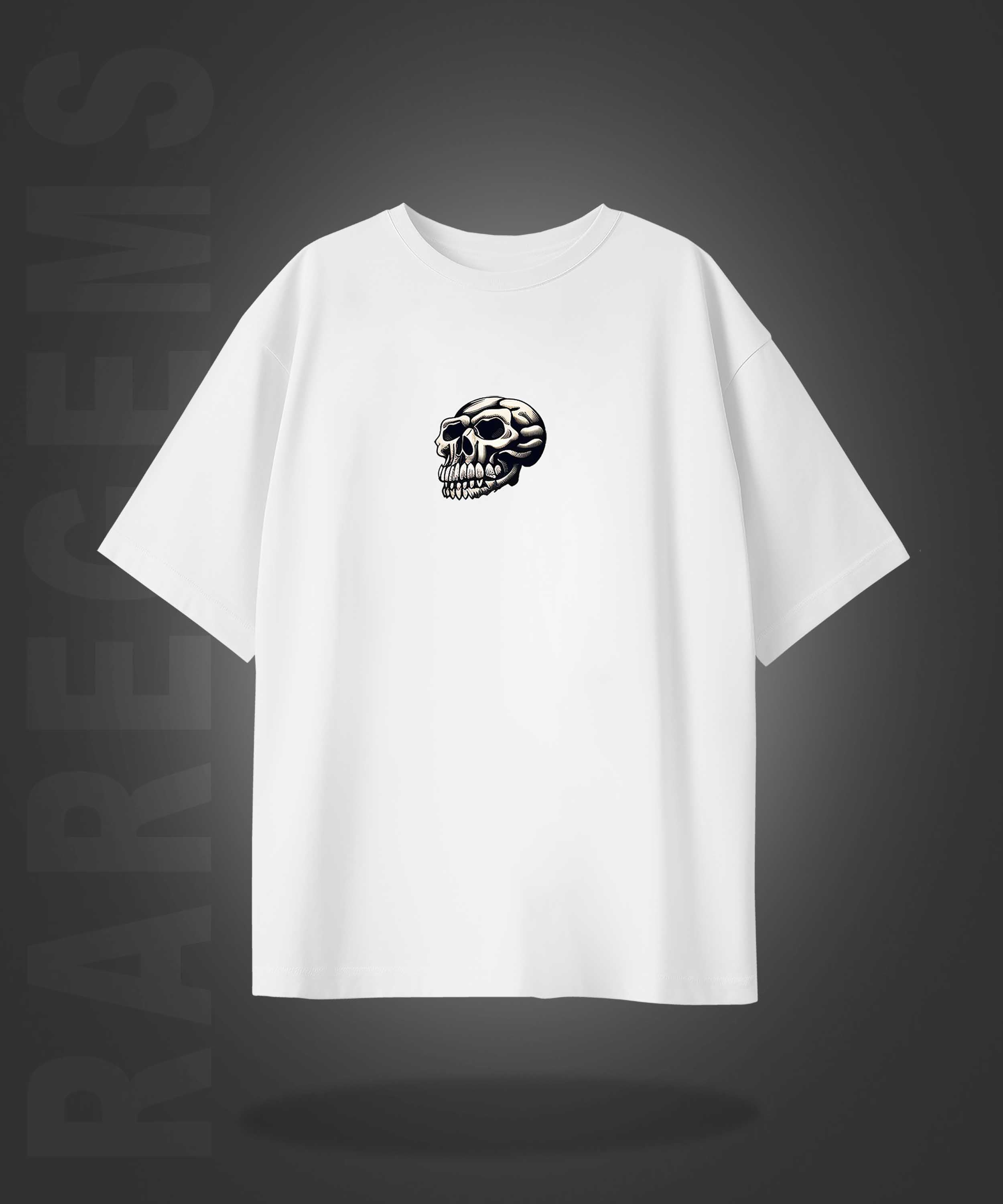 White Half Sleeve Skull And Roses Around The Sword Printed Oversized T-Shirt