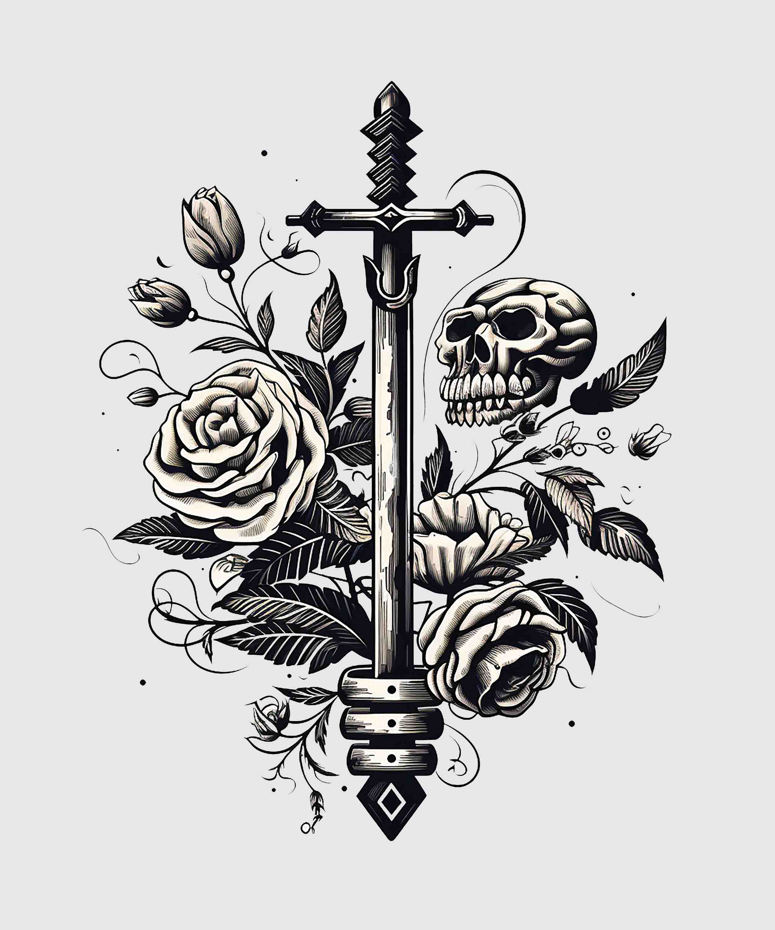 White Half Sleeve Skull And Roses Around The Sword Printed Regular T-Shirt