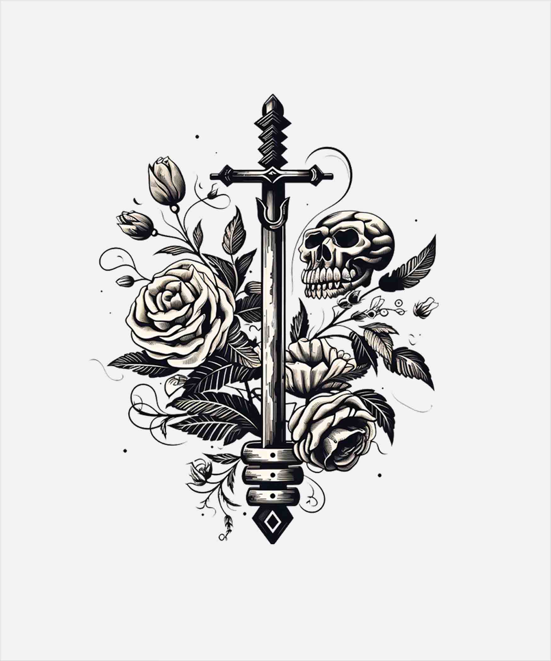 White Round Neck Skull And Roses Around The Sword Printed Full Sleeves T-Shirt