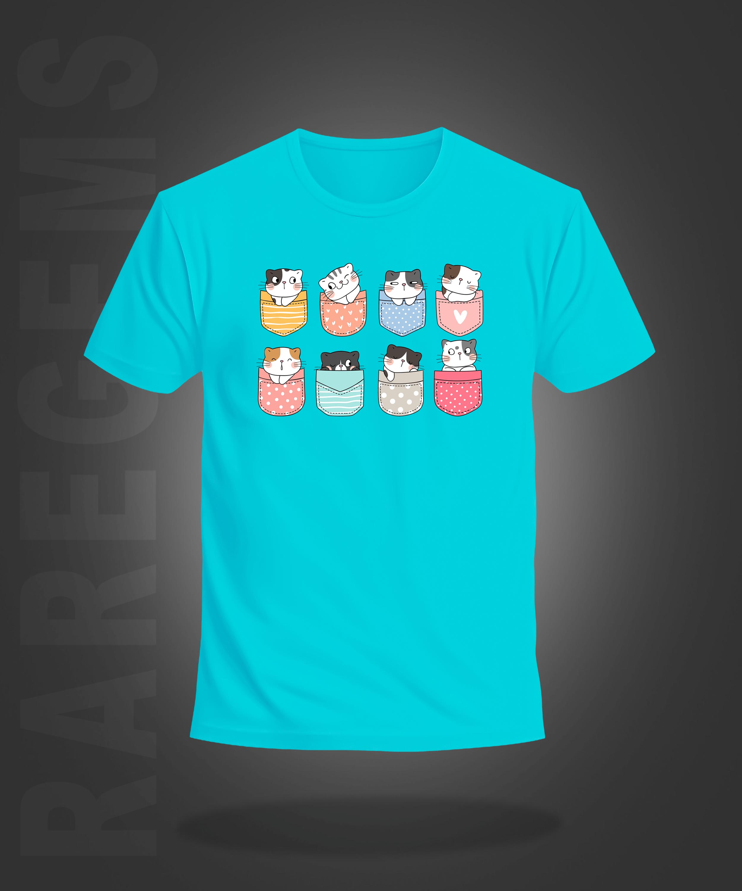 Cyan Round Neck Half Sleeve Pocket Cats Printed Regular T-Shirt