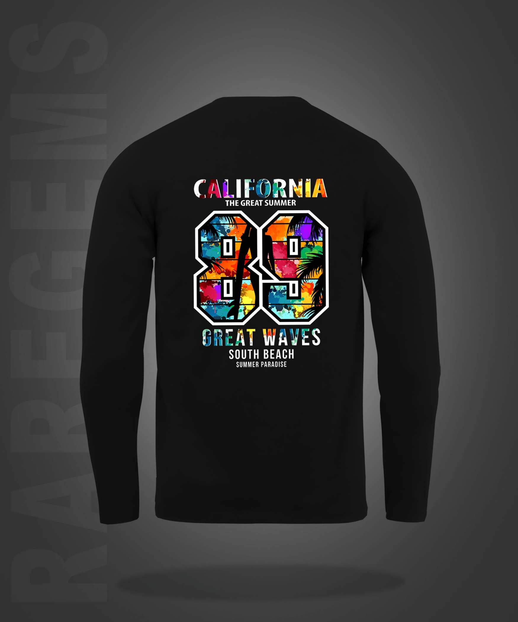 Black Round Neck Multicolor California 89 Printed Full Sleeves T-Shirt